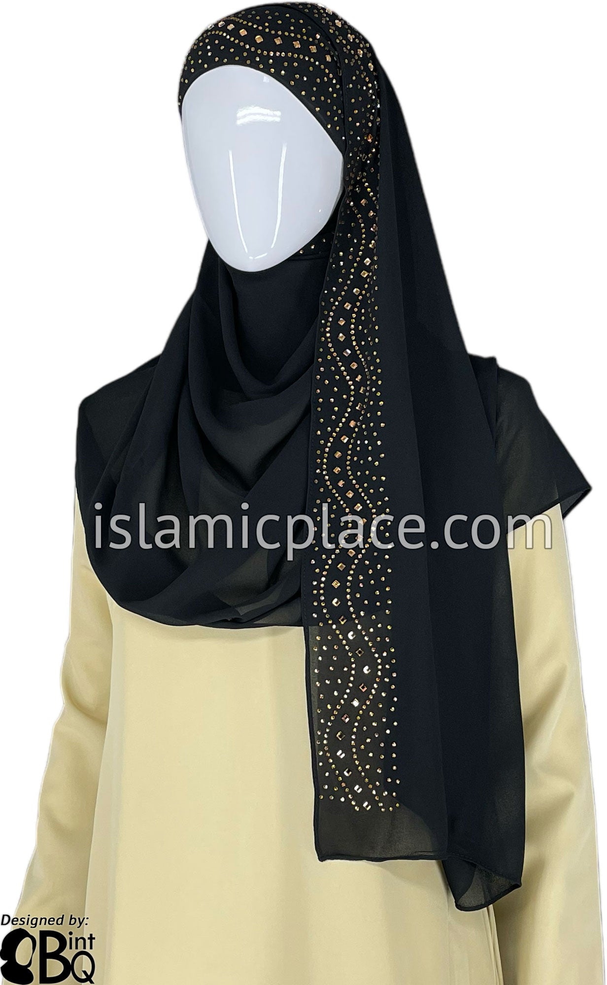 Black with Golden Stones in Design 60 - Georgette Chiffon Shayla Long Rectangle Hijab 30"x70"