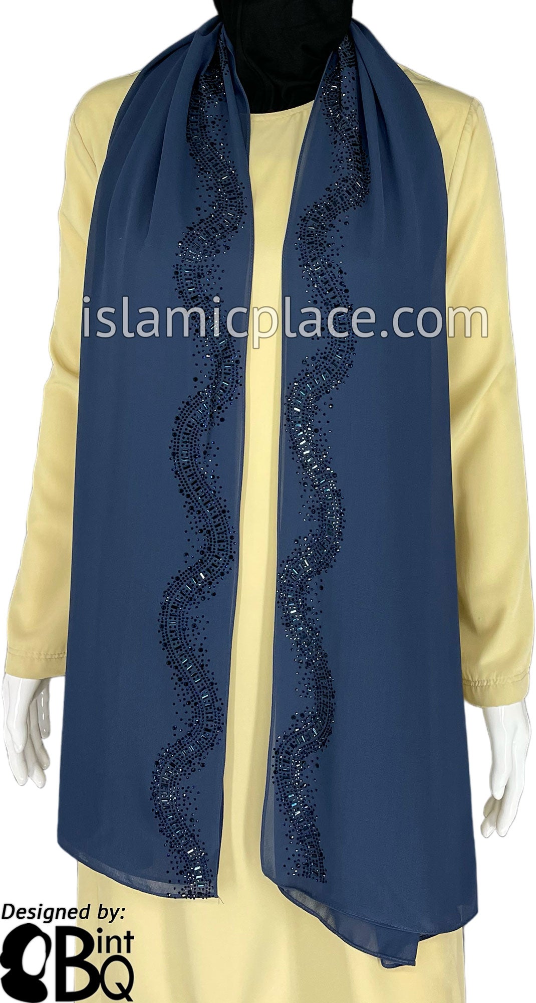 DenimBlue with Navy Stones in Design 30 - Georgette Chiffon Shayla Long Rectangle Hijab 30"x70"