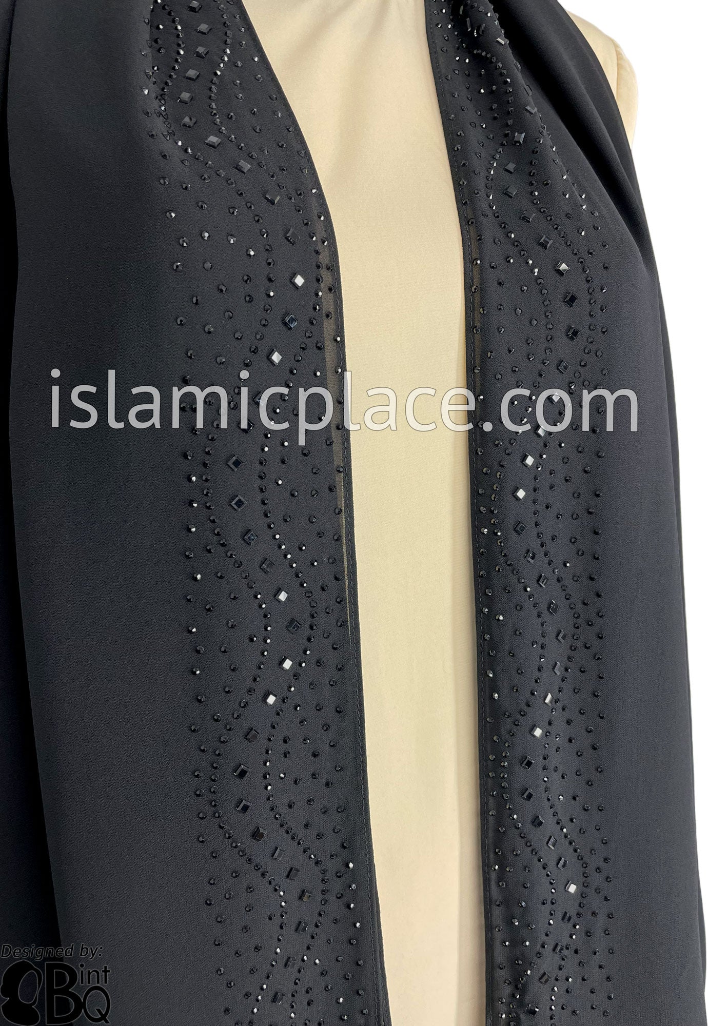 Black with Black Stones in Design 60 - Georgette Chiffon Shayla Long Rectangle Hijab 30"x70"