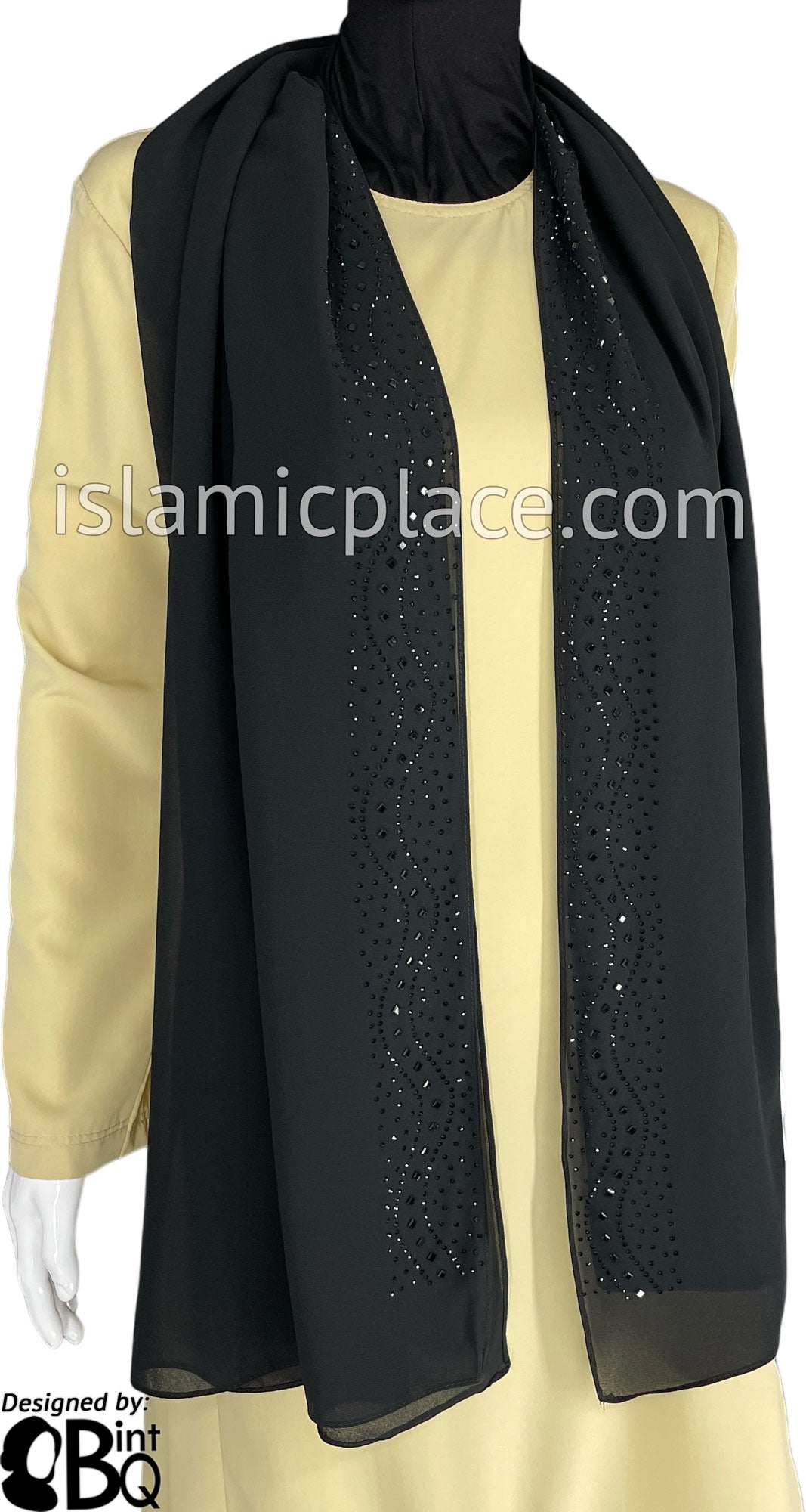 Black with Black Stones in Design 60 - Georgette Chiffon Shayla Long Rectangle Hijab 30"x70"