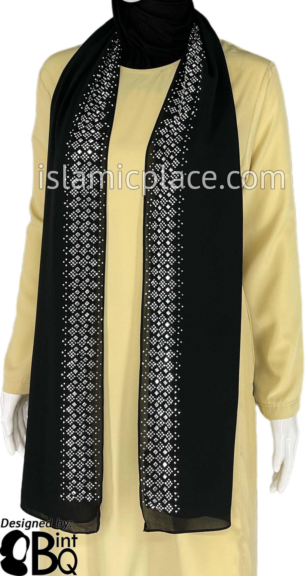Black with Silver Stones in Design 29 - Georgette Chiffon Shayla Long Rectangle Hijab 30"x70"