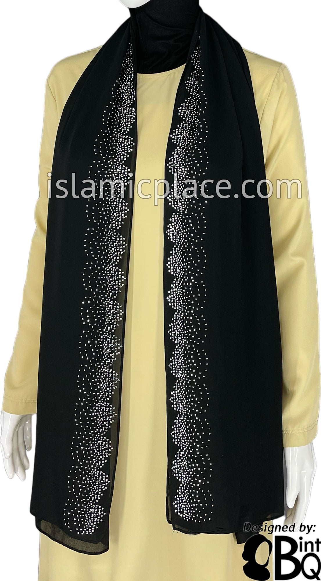 Black with Silver Stones in Design 14 - Georgette Chiffon Shayla Long Rectangle Hijab 30"x70"