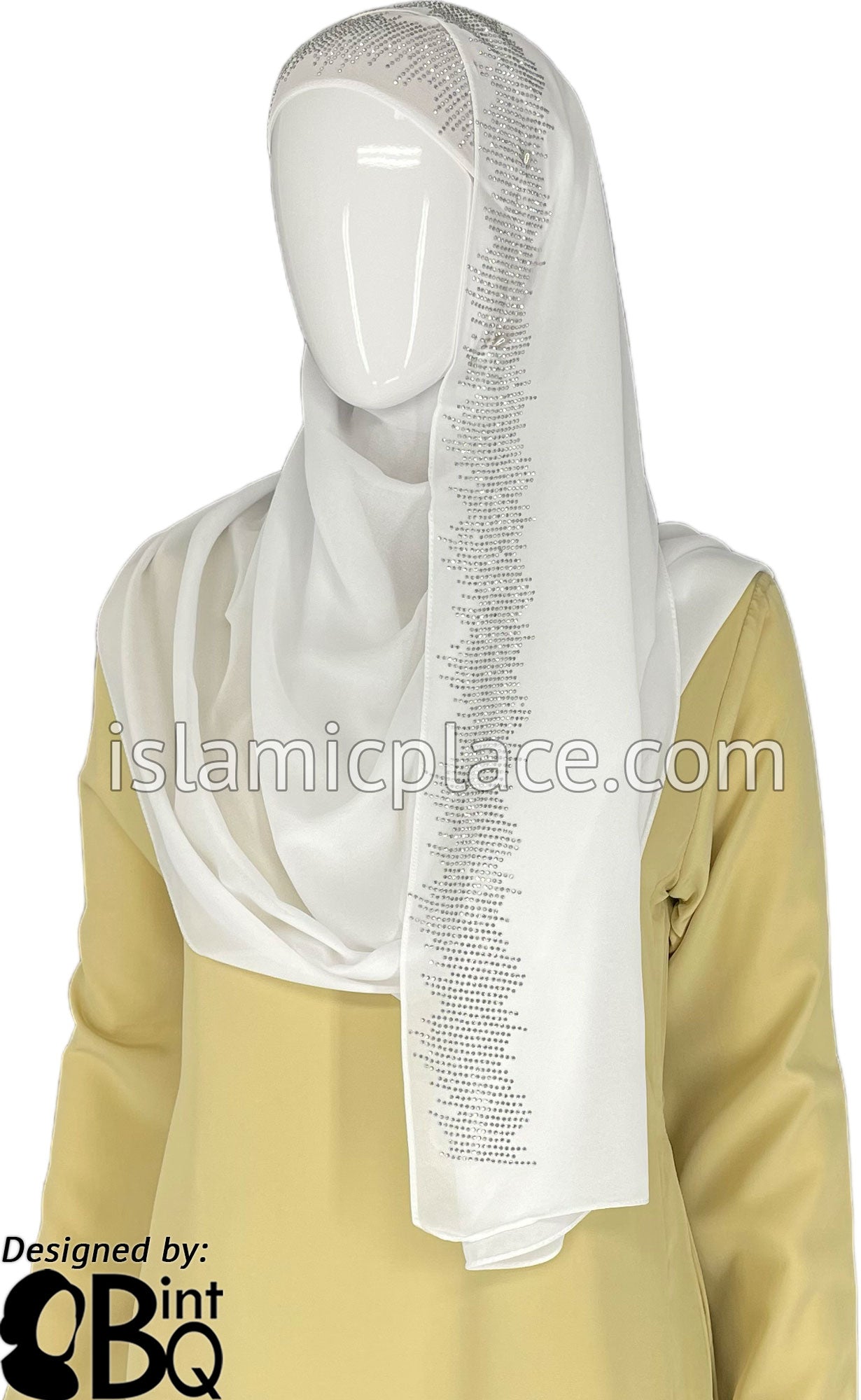 White with Silver Stones in Design 46 - Georgette Chiffon Shayla Long Rectangle Hijab 30"x70"