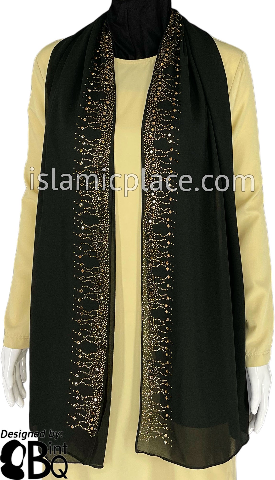 Black with Golden Stones in Design 67 - Georgette Chiffon Shayla Long Rectangle Hijab 30"x70"