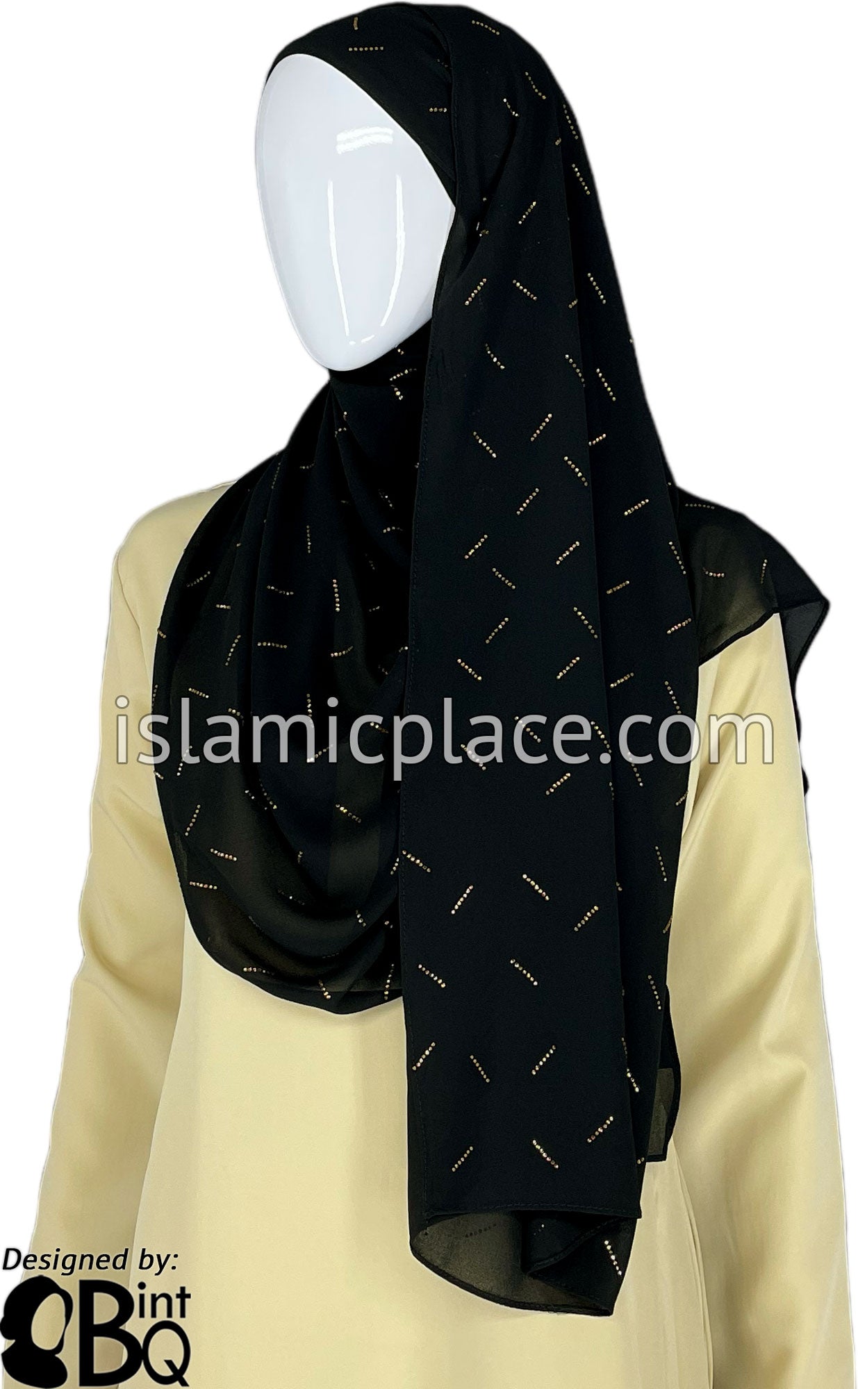 Black with Golden Stones in Design 136 - Georgette Chiffon Shayla Long Rectangle Hijab 30"x70"