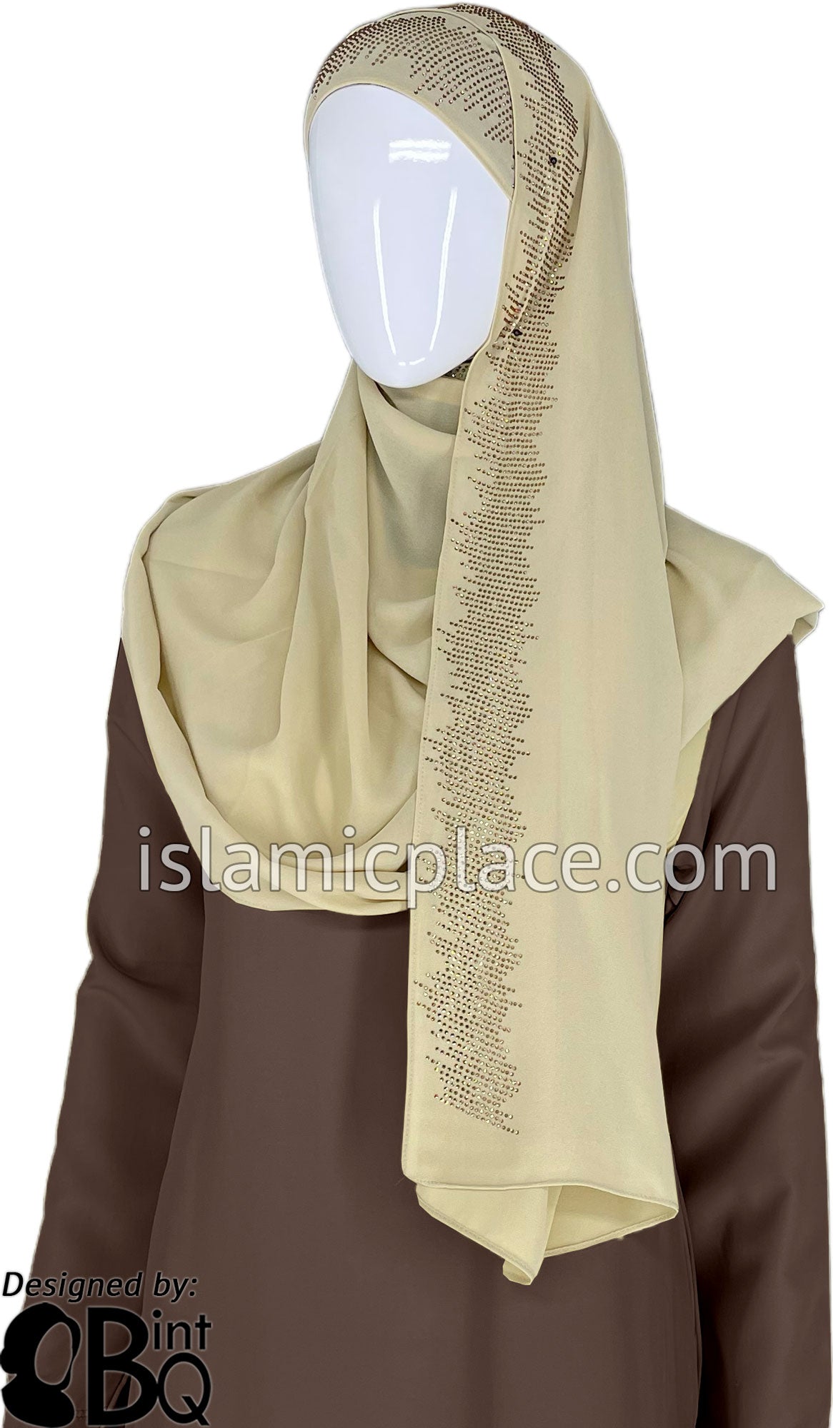Oatmeal with Golden Stones in Design 46 - Georgette Chiffon Shayla Long Rectangle Hijab 30&quot;x70&quot;