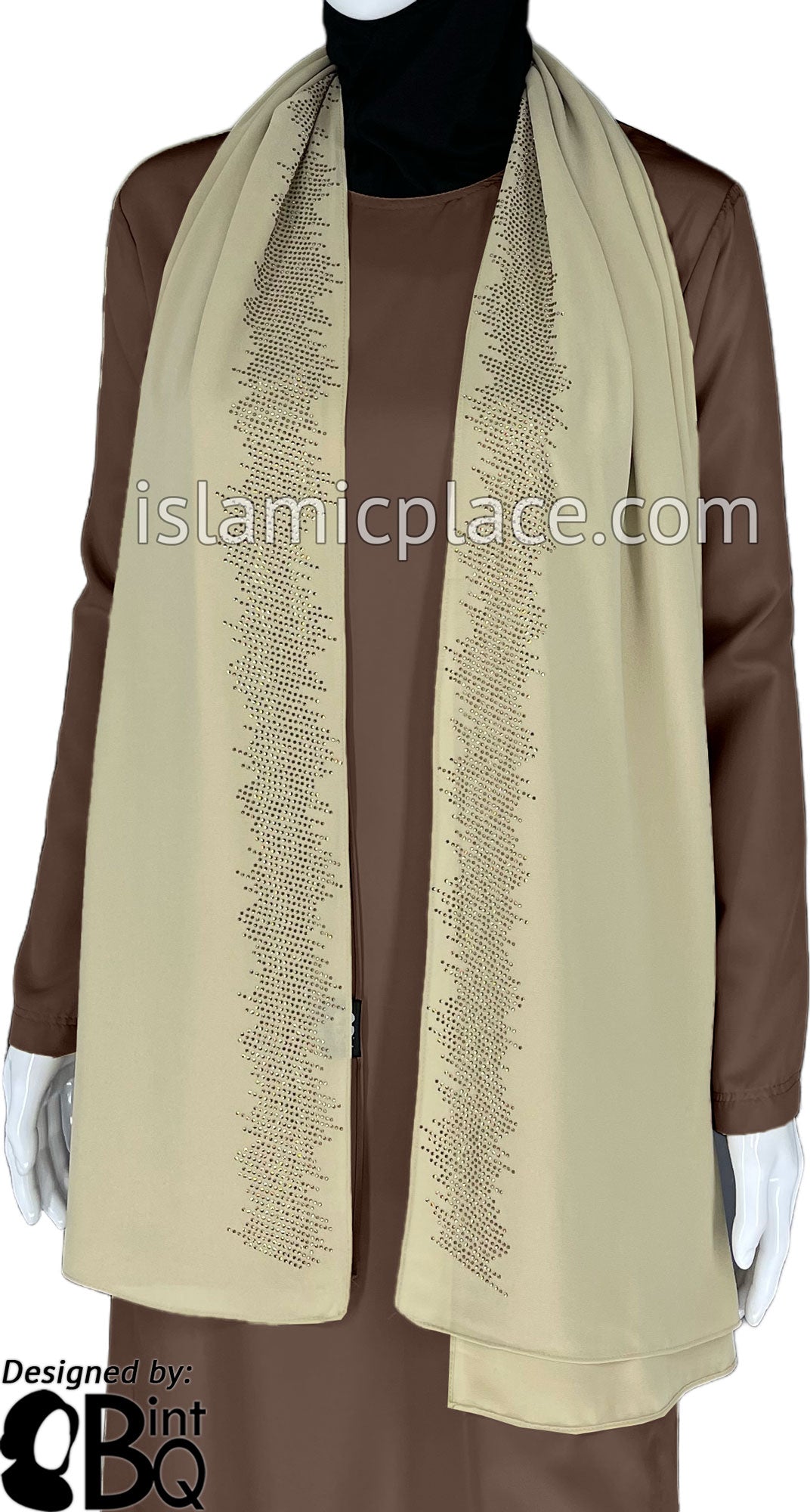 Oatmeal with Golden Stones in Design 46 - Georgette Chiffon Shayla Long Rectangle Hijab 30"x70"