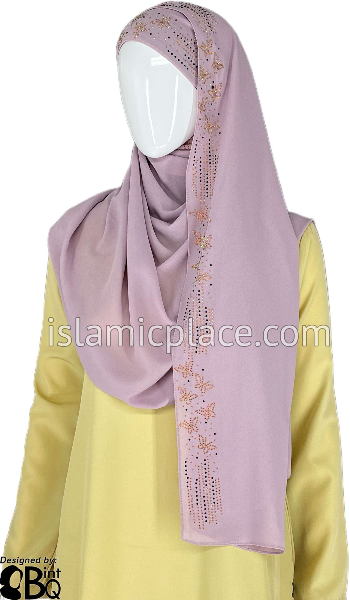 Lilac with Gold-Black Stones in Design 58 - Georgette Chiffon Shayla Long Rectangle Hijab 30"x70"