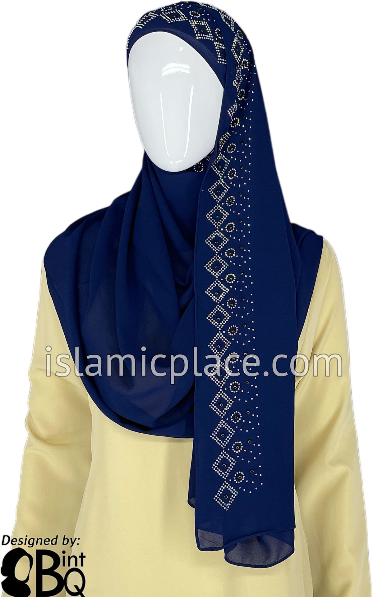 Navy with Silver Stones in Design 132 - Georgette Chiffon Shayla Long Rectangle Hijab 30&quot;x70&quot;