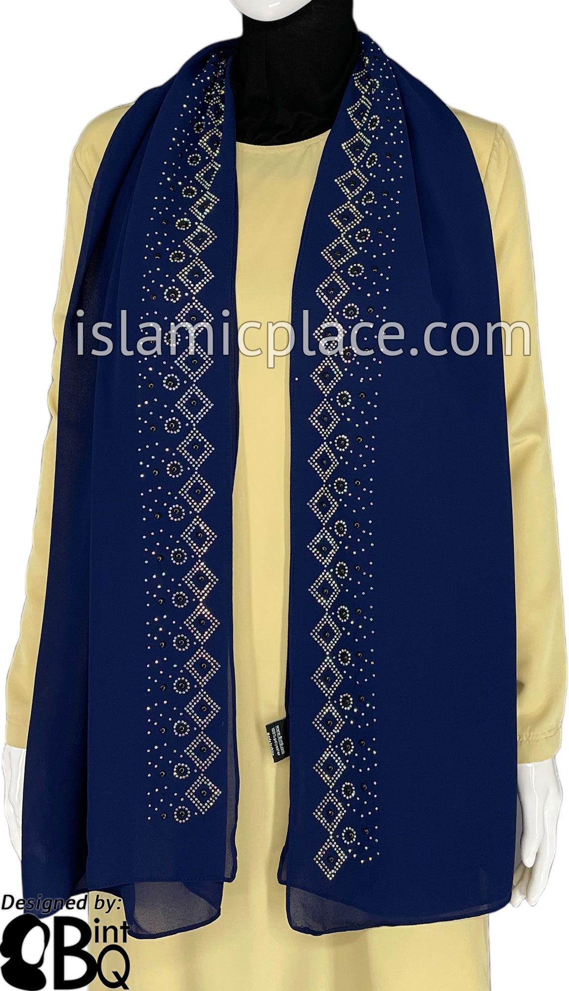 Navy with Silver Stones in Design 132 - Georgette Chiffon Shayla Long Rectangle Hijab 30"x70"
