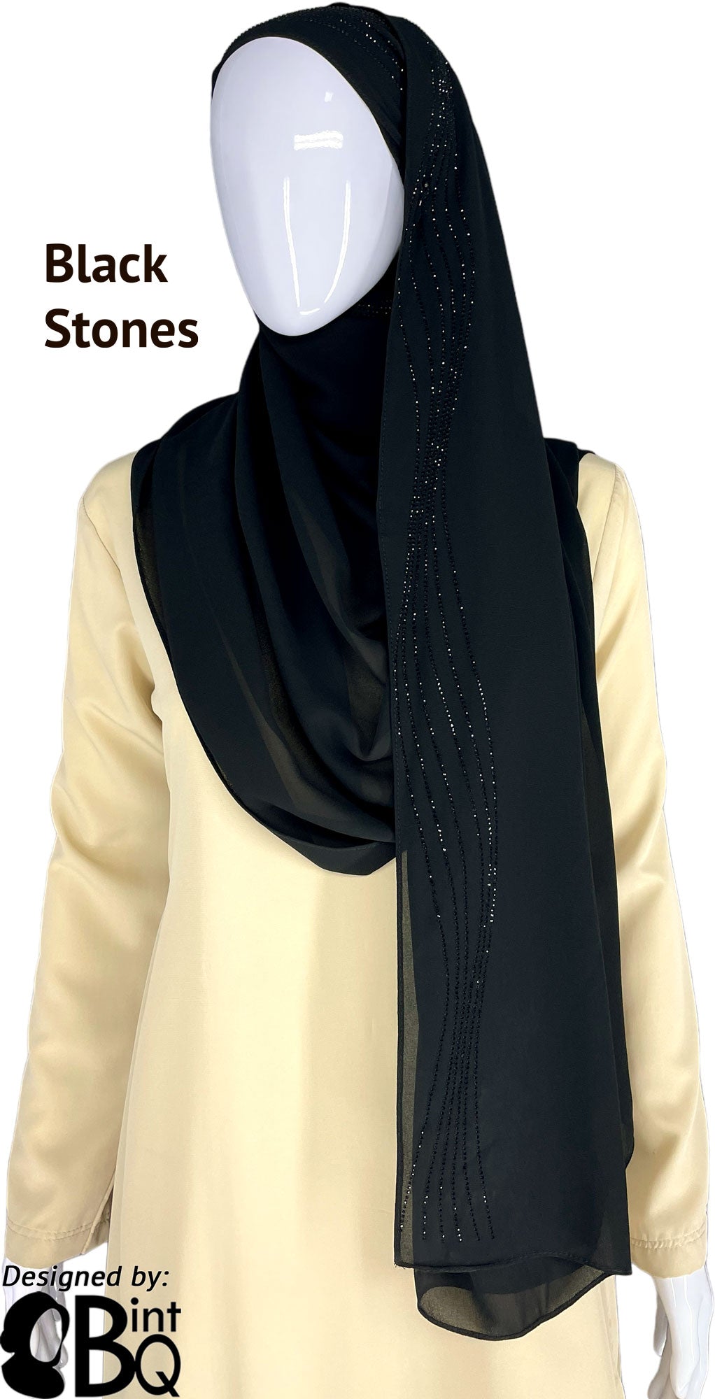 Black with Black Stones in Design 102 - Georgette Chiffon Shayla Long Rectangle Hijab 30"x70"