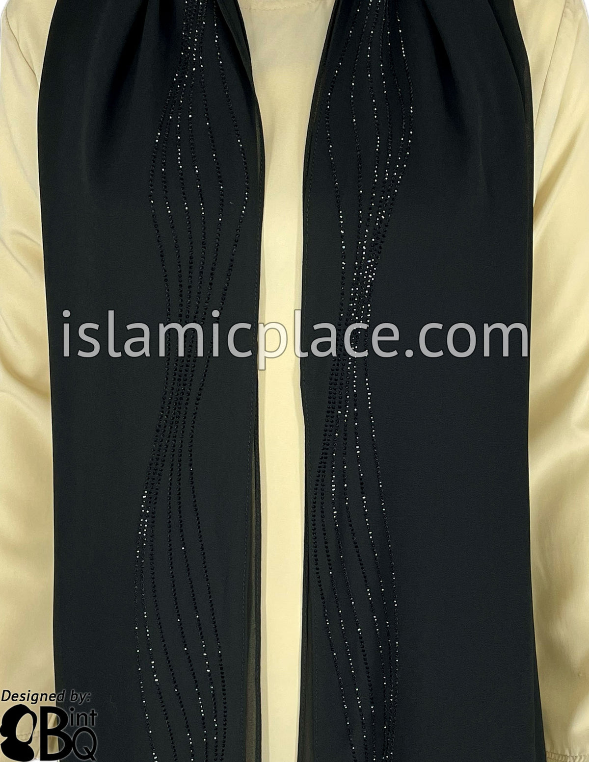 Black with Black Stones in Design 102 - Georgette Chiffon Shayla Long Rectangle Hijab 30"x70"