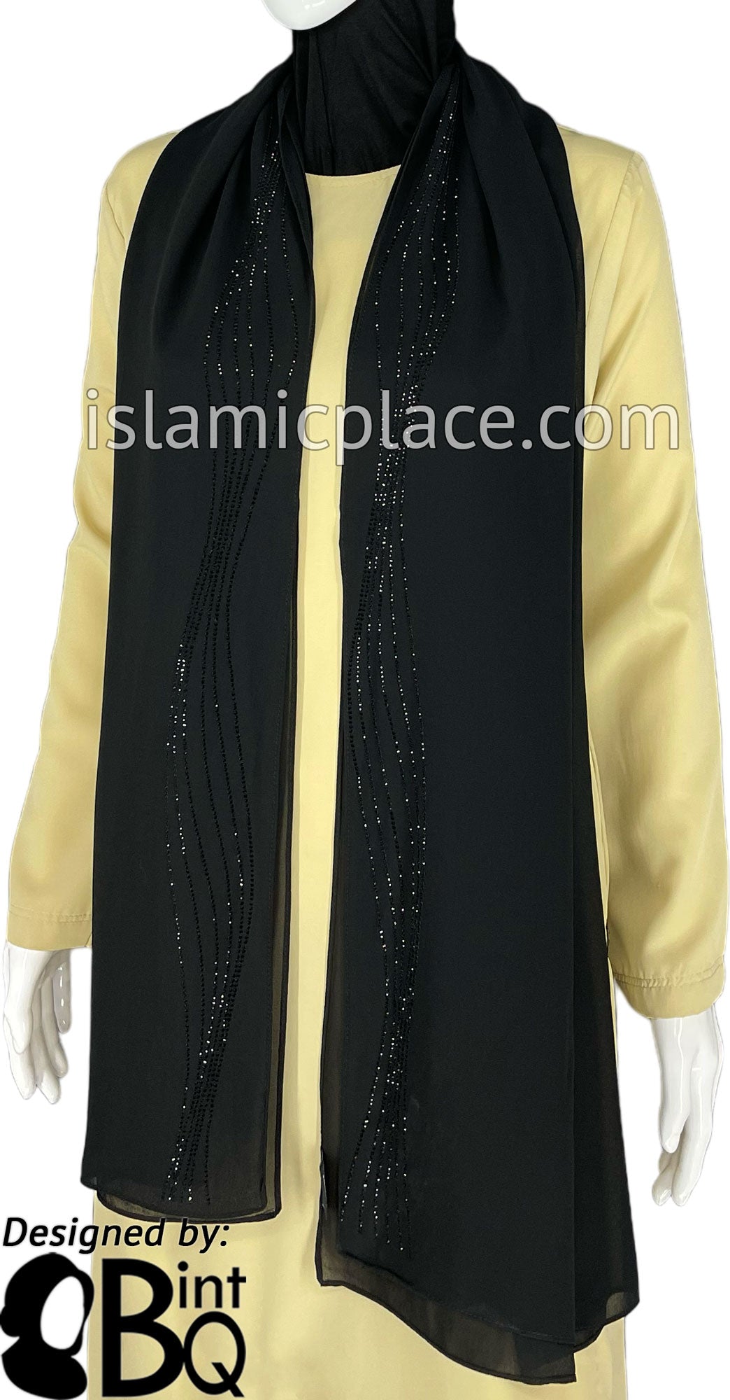 Black with Black Stones in Design 102 - Georgette Chiffon Shayla Long Rectangle Hijab 30"x70"
