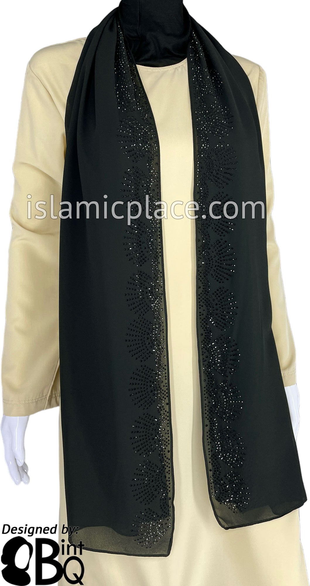 Black with Black Stones in Design 26 - Georgette Chiffon Shayla Long Rectangle Hijab 30"x70"