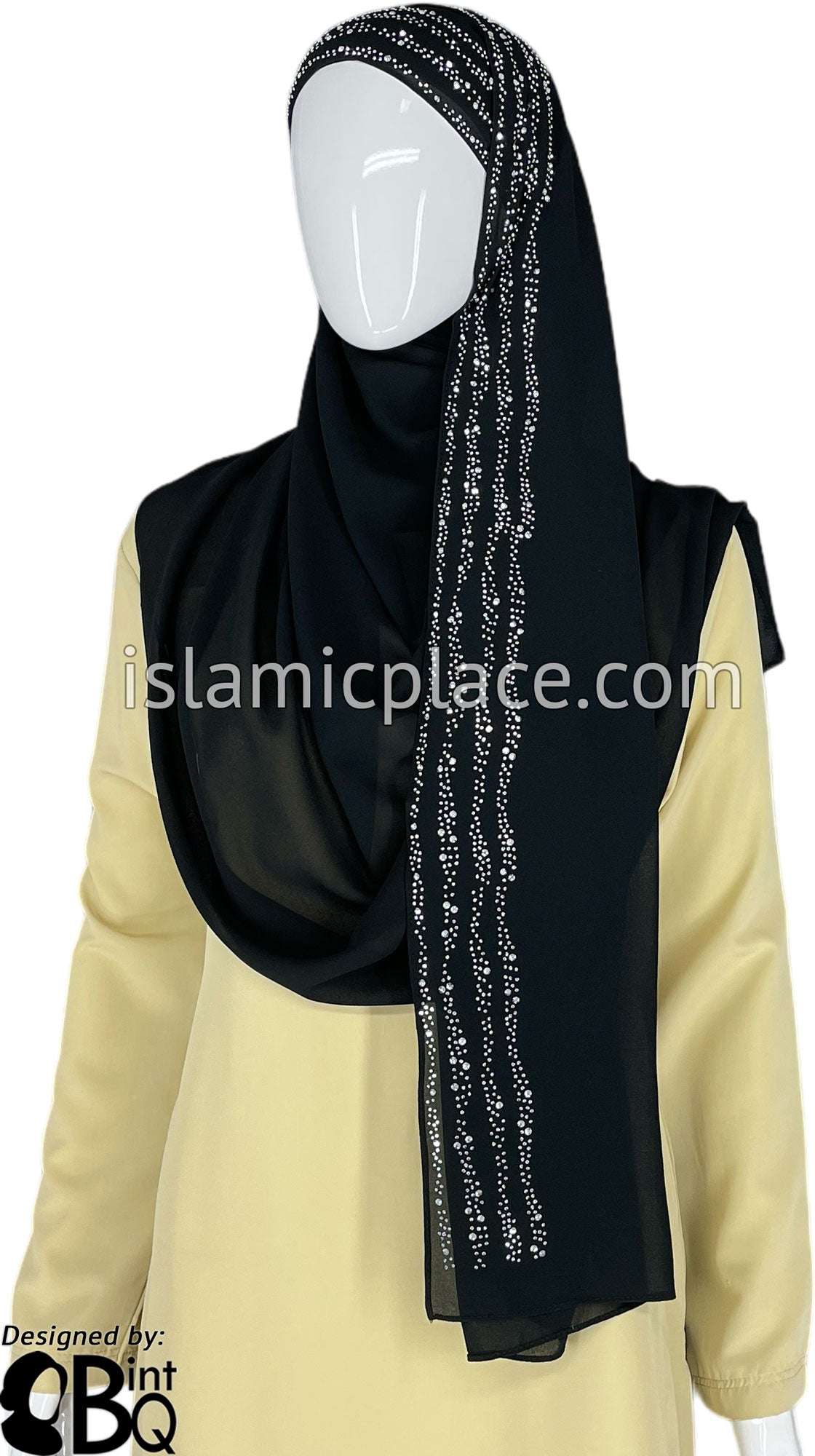 Black with Silver Stones in Design 28 - Georgette Chiffon Shayla Long Rectangle Hijab 30"x70"