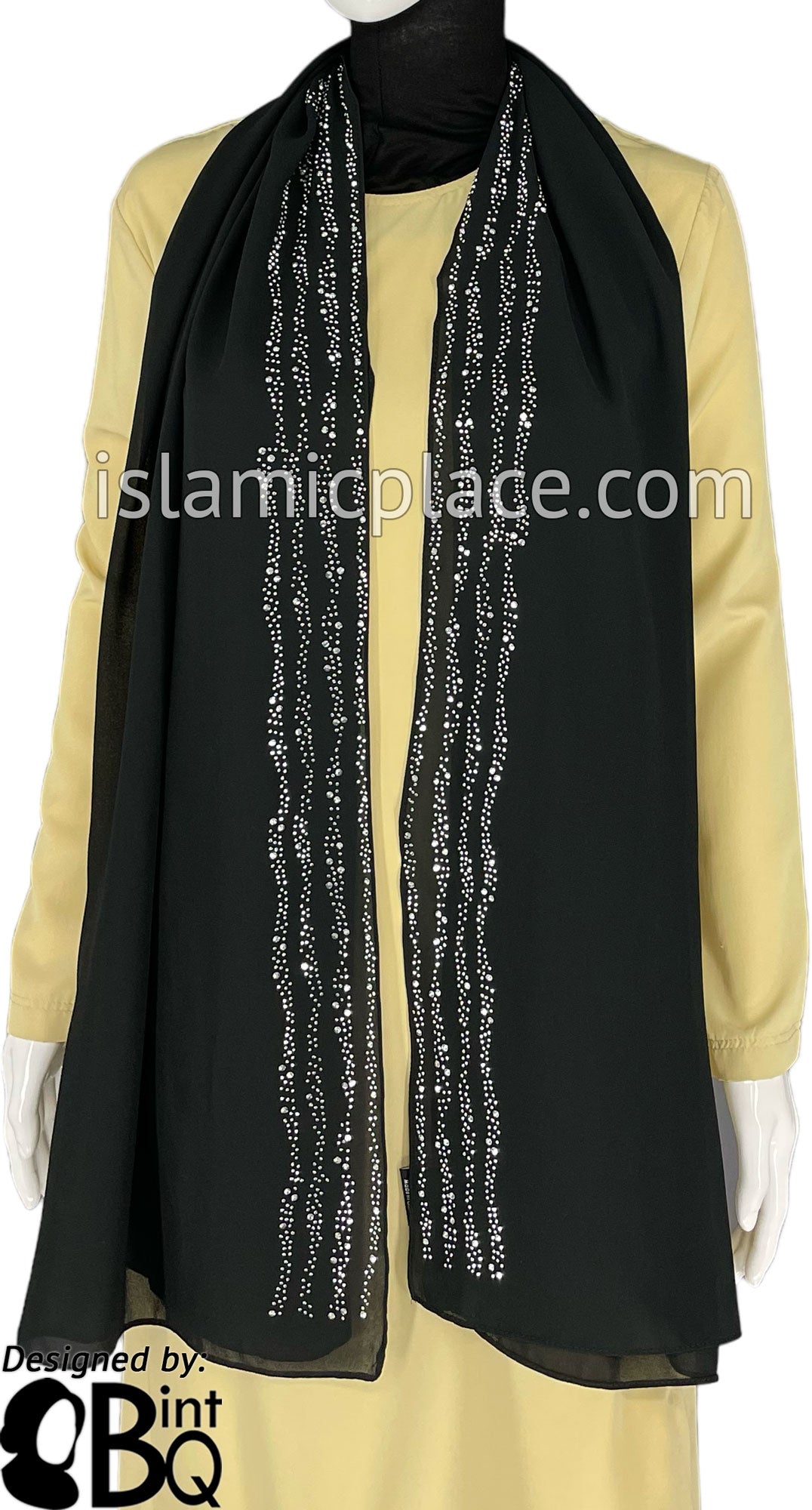 Black with Silver Stones in Design 28 - Georgette Chiffon Shayla Long Rectangle Hijab 30"x70"