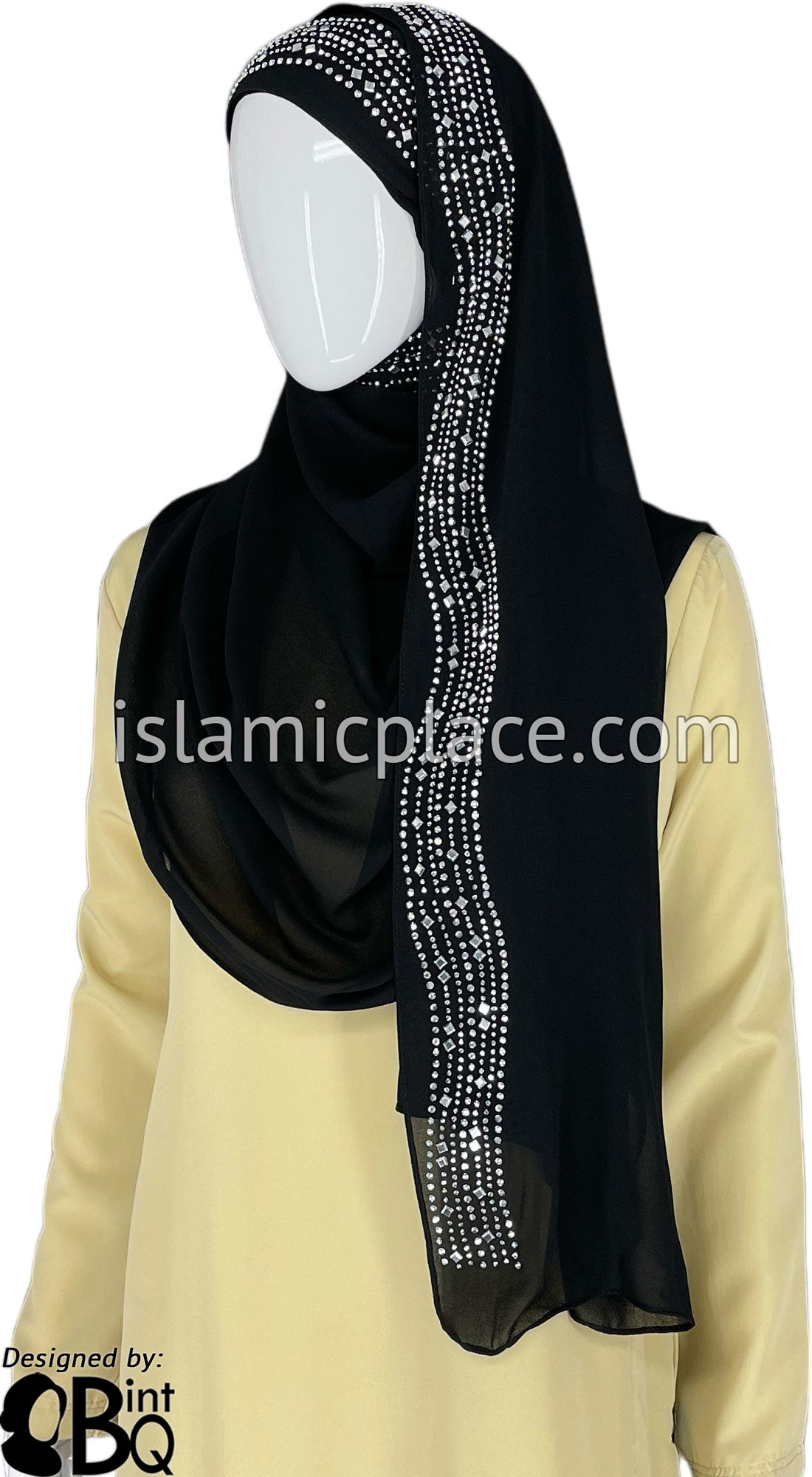Black with Silver Stones in Design 33 - Georgette Chiffon Shayla Long Rectangle Hijab 30"x70"