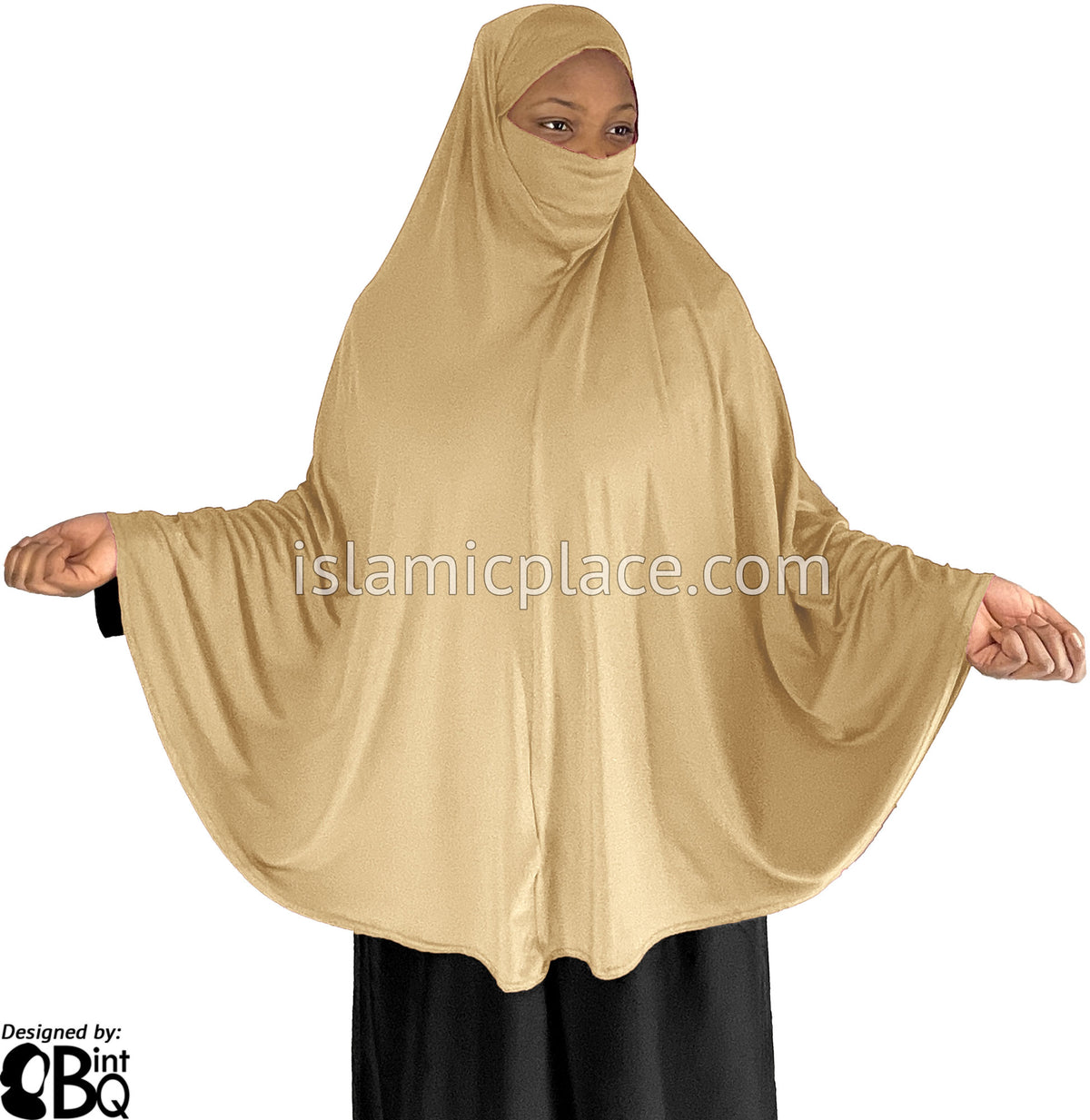 Beige - Plain Overhead Khimar - Extra Long Knee Length