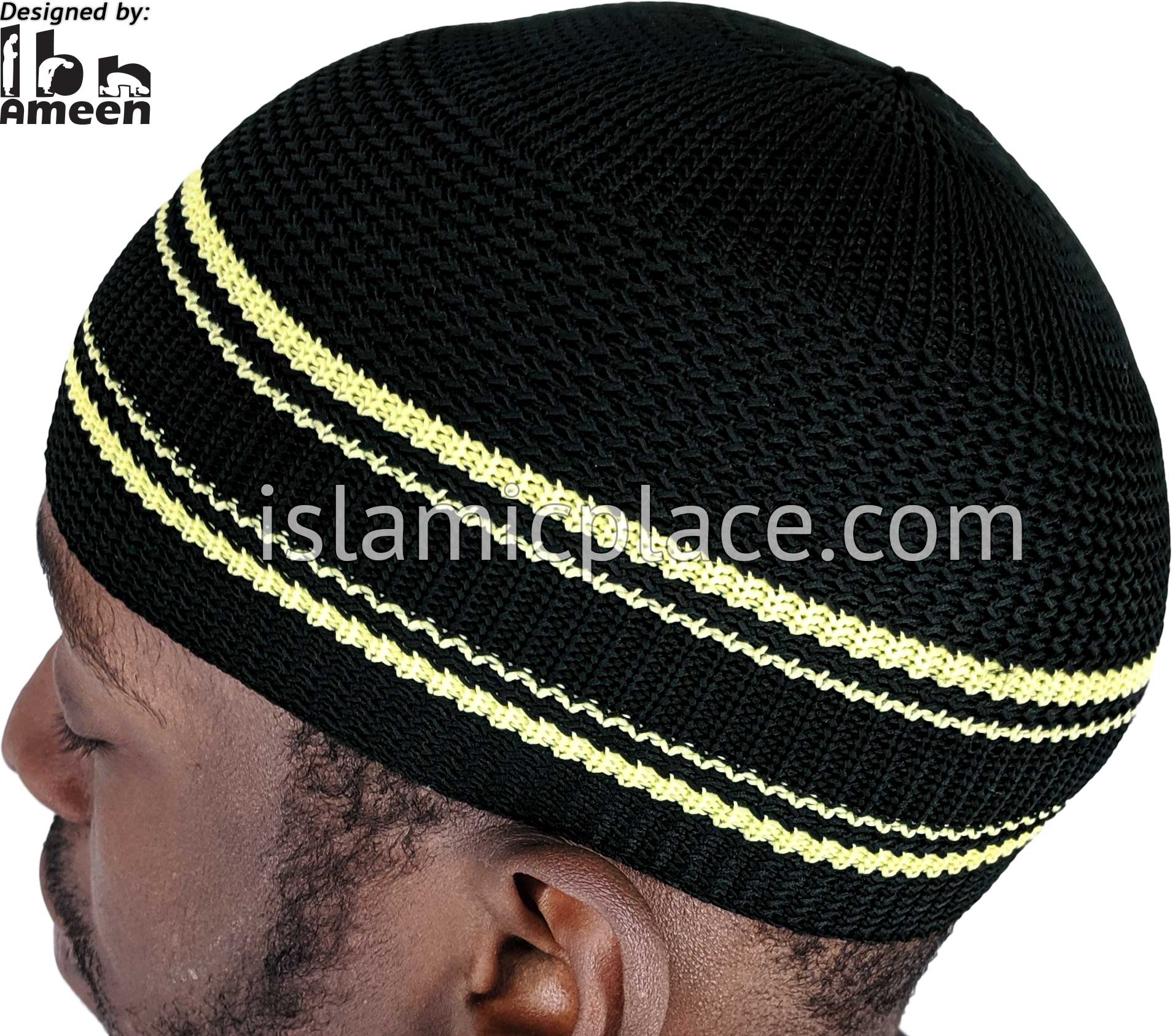 Black with Yellow - Elastic Knitted Kareem Designer Kufi