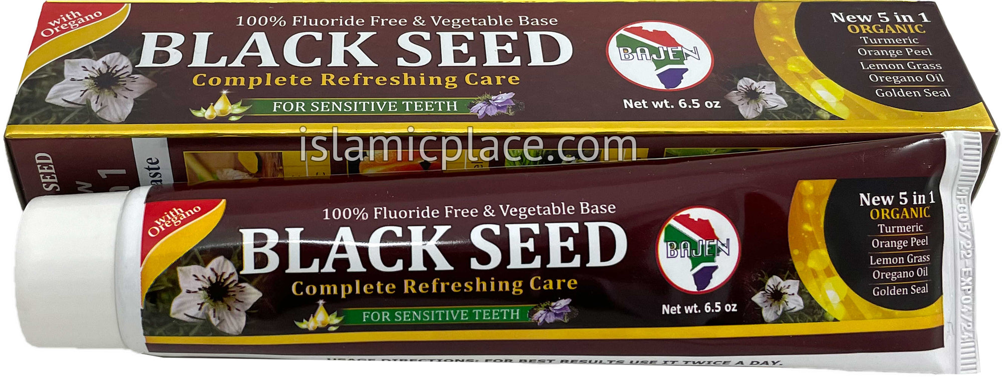 Black Seed Toothpaste - 5 in 1 (Turmeric, Orange Peel, Lemon Grass, Oregano Oil, Golden Seal) 6.5 oz - Halal & Organic