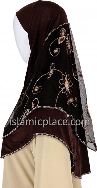 Brown - Floral Sketch Hijab Al-Amira Teen to Adult (Large) - Design 9