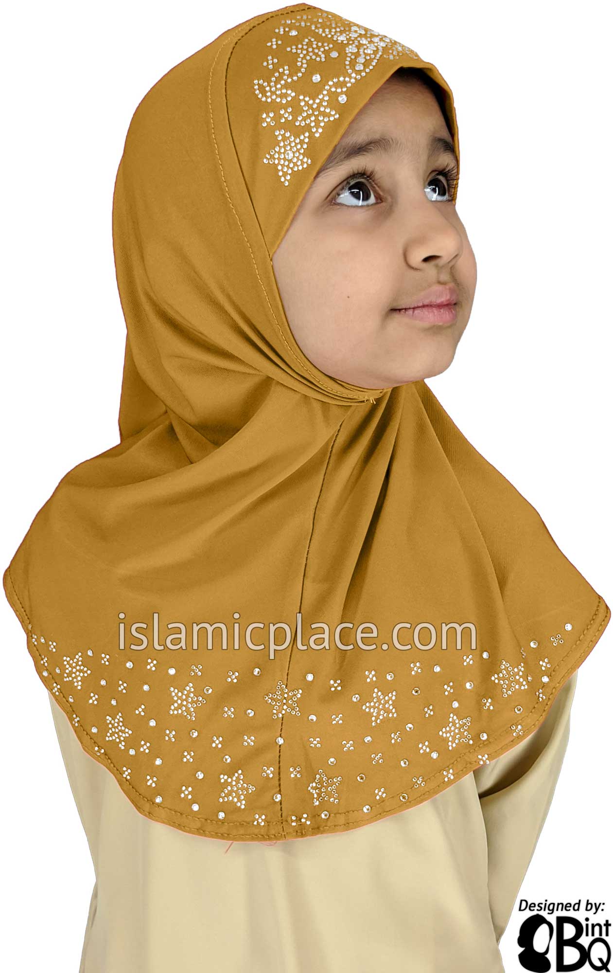 Gold - Luxurious Lycra Hijab Al-Amira with Silver Rhinestones - Girl size (1-piece)