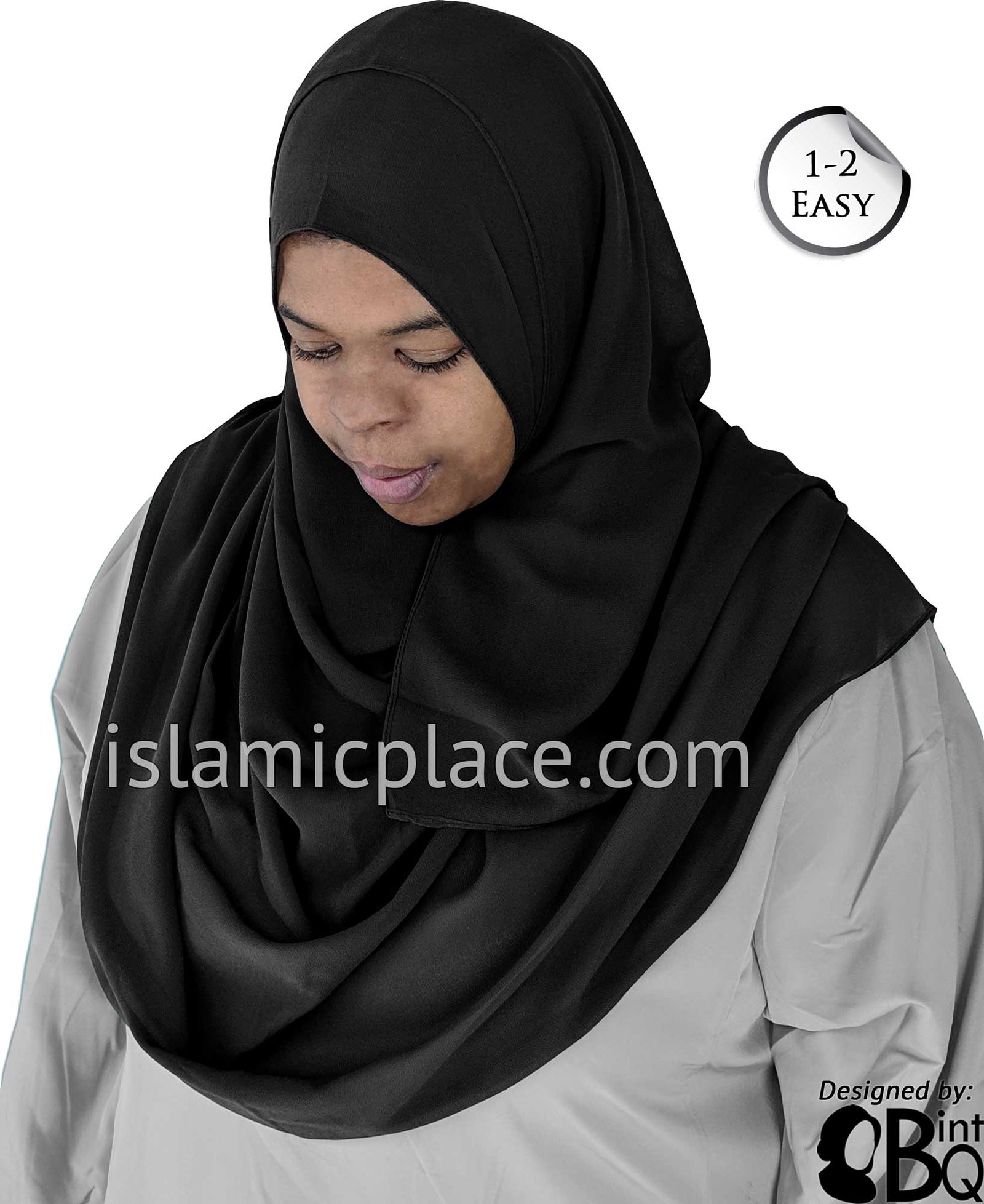 Black Plain - Salima 1-2 Easy Georgette Shayla Long Rectangle Hijab 30"x70"
