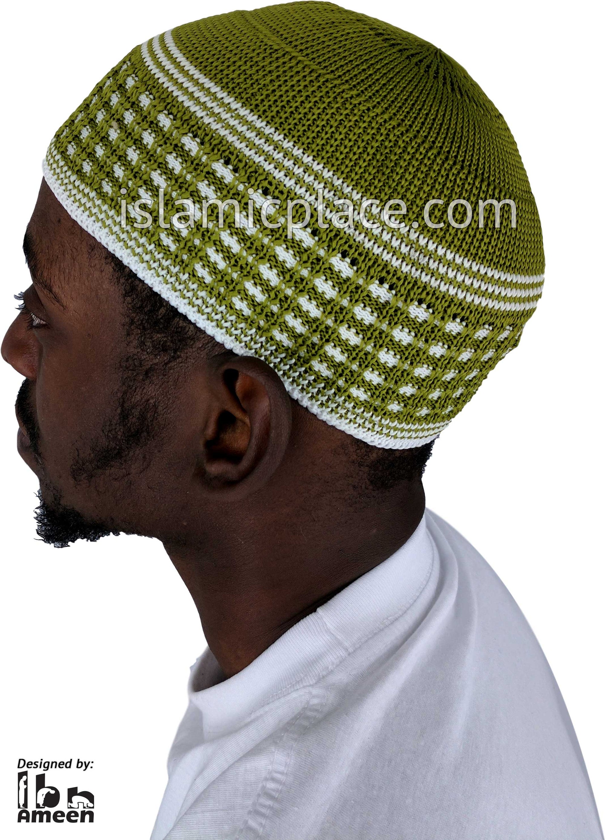 Light Olive Green & White - Elastic Knitted Ameen Designer Kufi