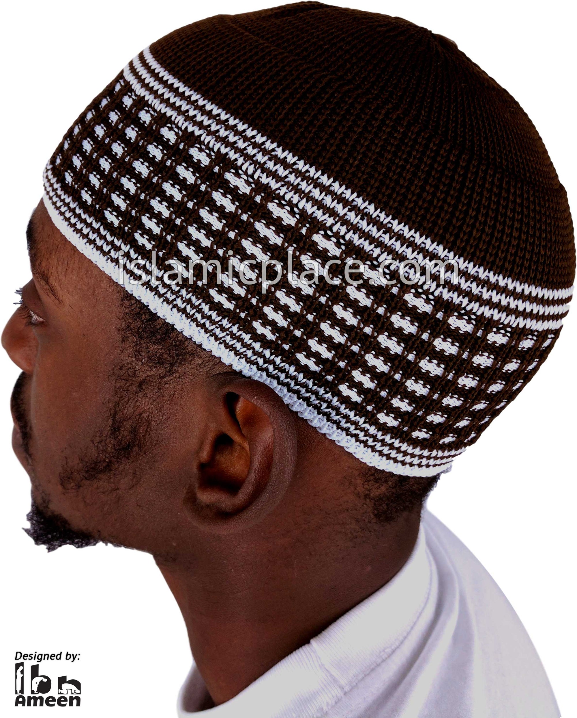 Brown & White - Elastic Knitted Ameen Designer Kufi