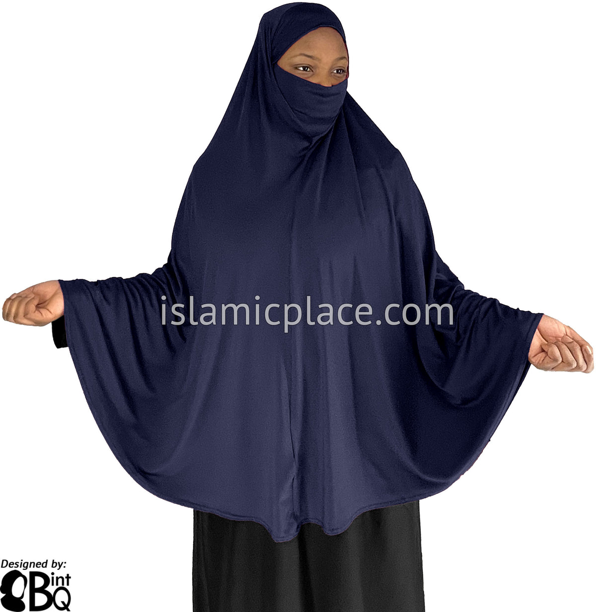 Navy Blue - Plain Overhead Khimar - Extra Long Knee Length