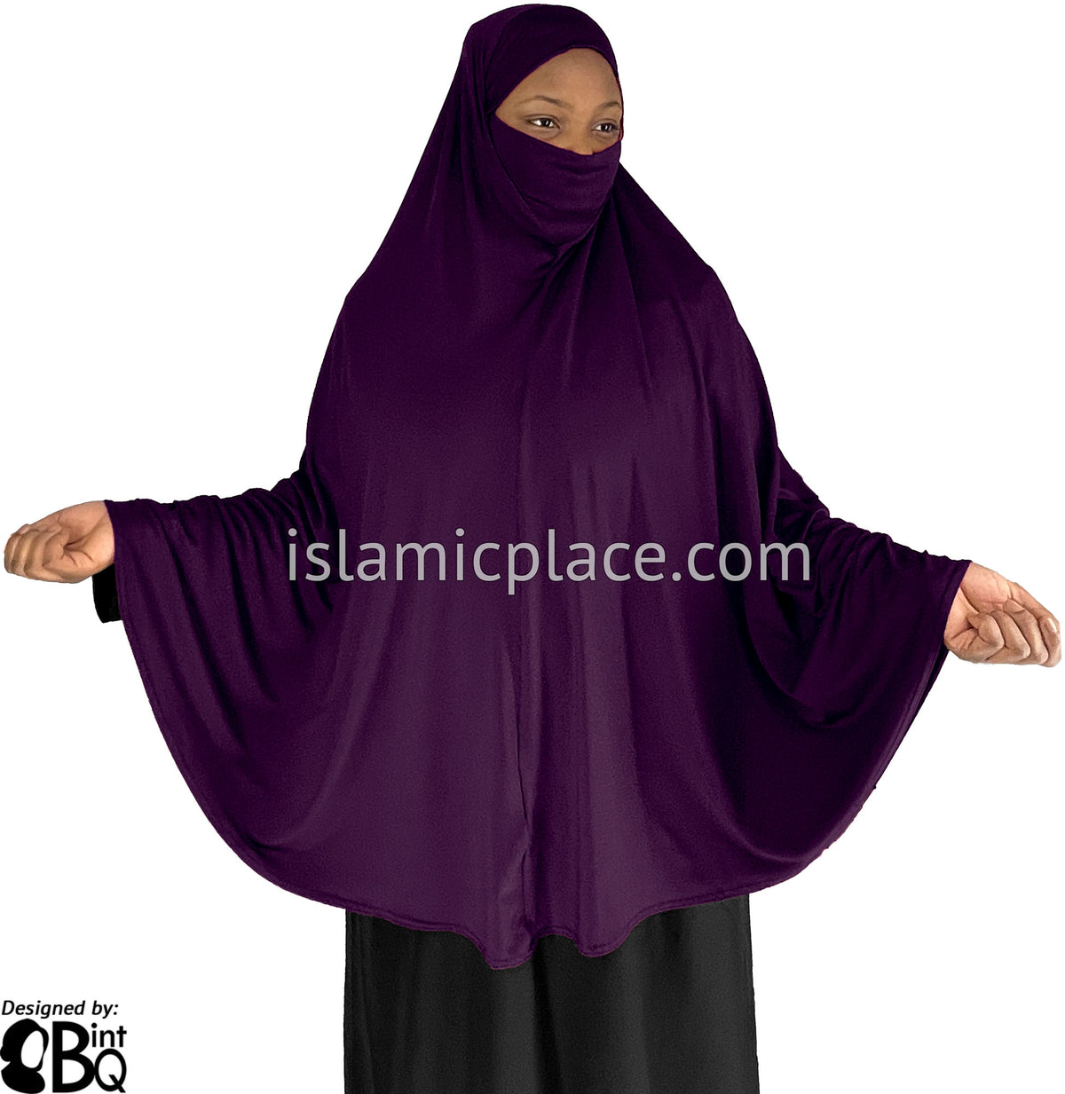Plum - Plain Overhead Khimar - Extra Long Knee Length