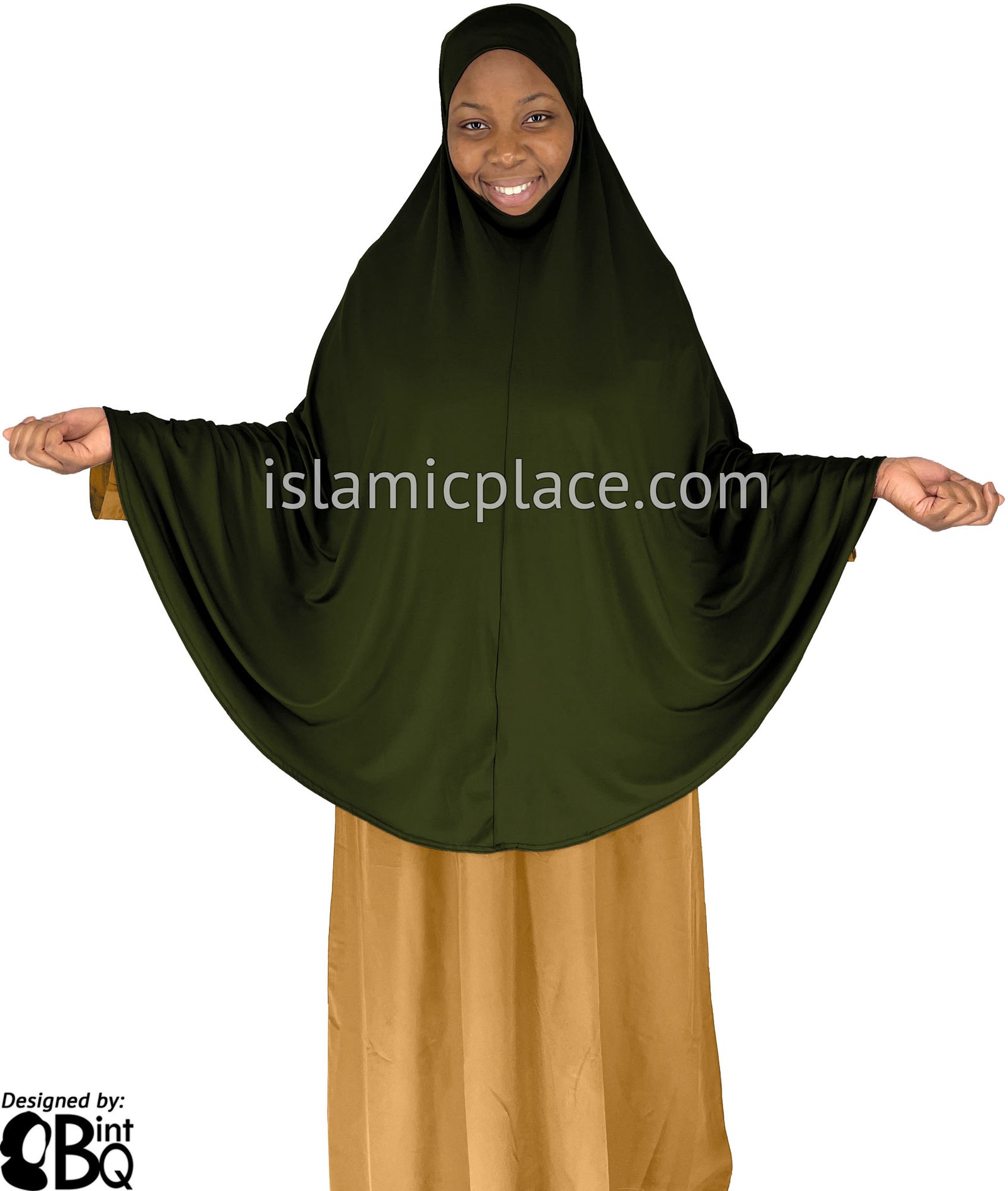 Dark Olive - Plain Overhead Khimar - Extra Long Knee Length