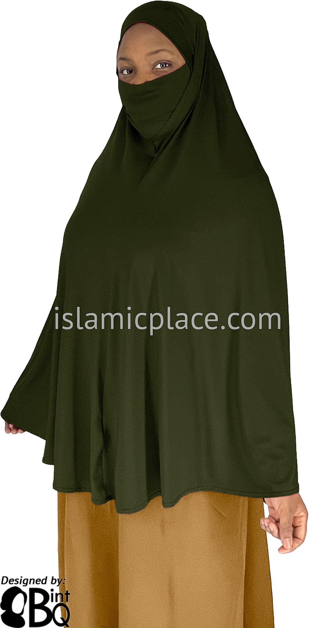 Dark Olive - Plain Overhead Khimar - Extra Long Knee Length