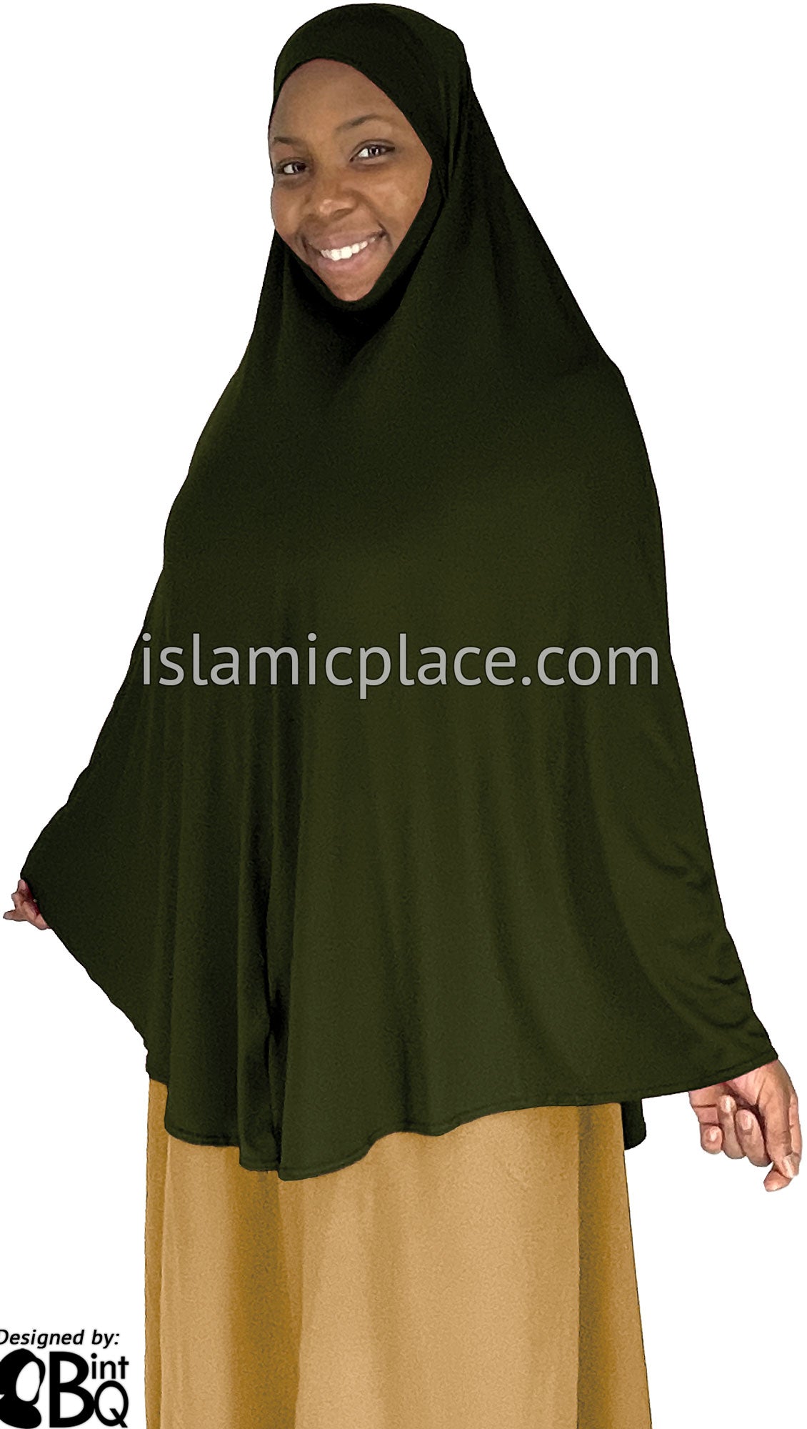 Dark Olive - Plain Overhead Khimar - Extra Long Knee Length