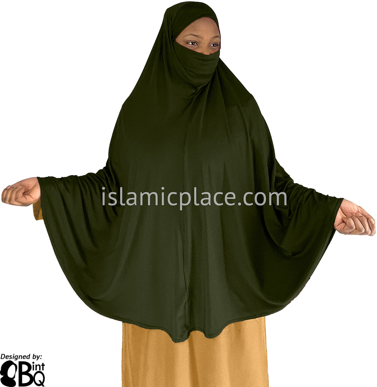 Dark Olive - Plain Overhead Khimar - Extra Long Knee Length