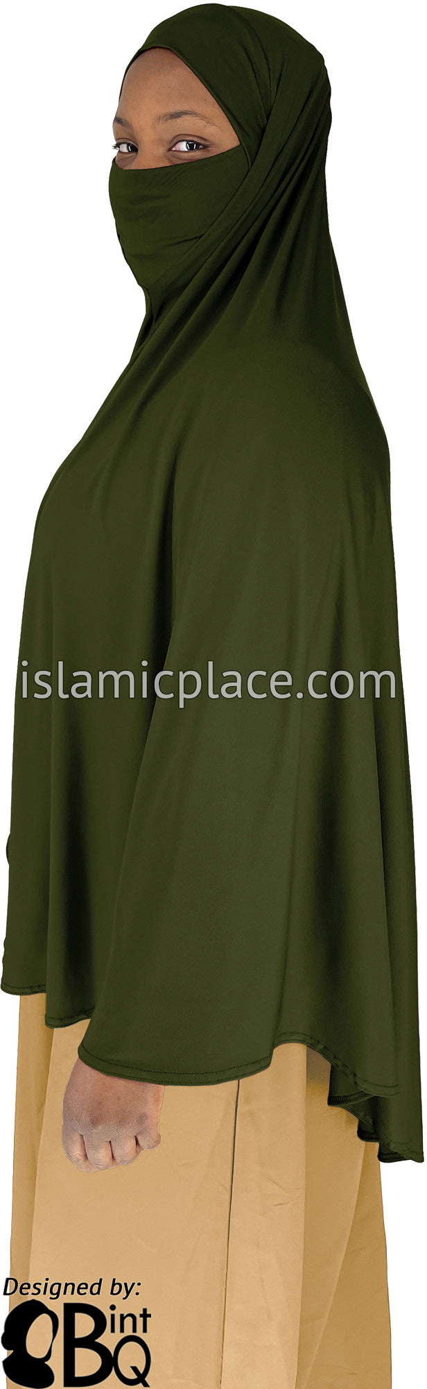 Dark Olive - Plain Overhead Khimar - Extra Long Knee Length
