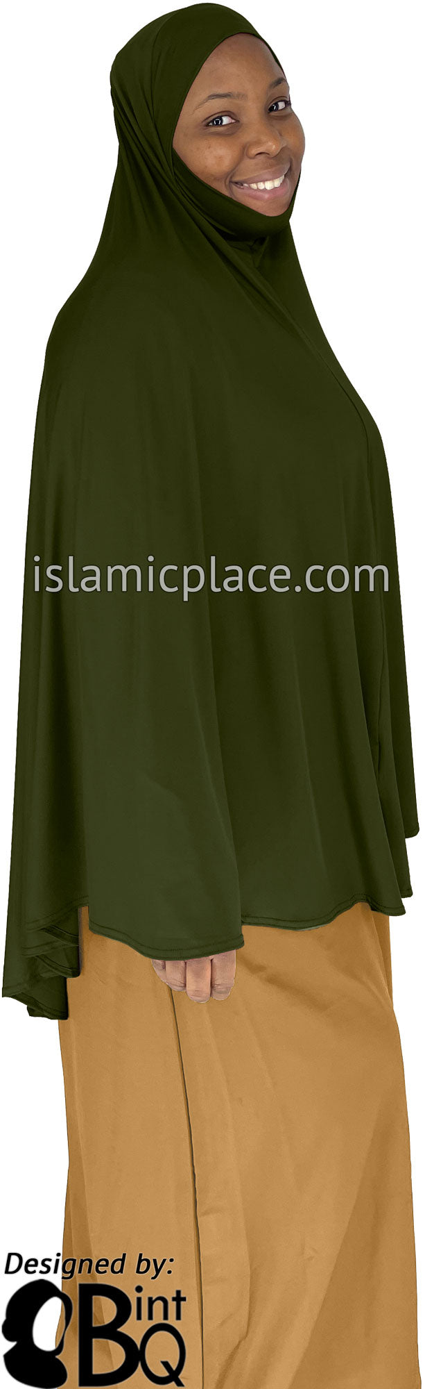 Dark Olive - Plain Overhead Khimar - Extra Long Knee Length