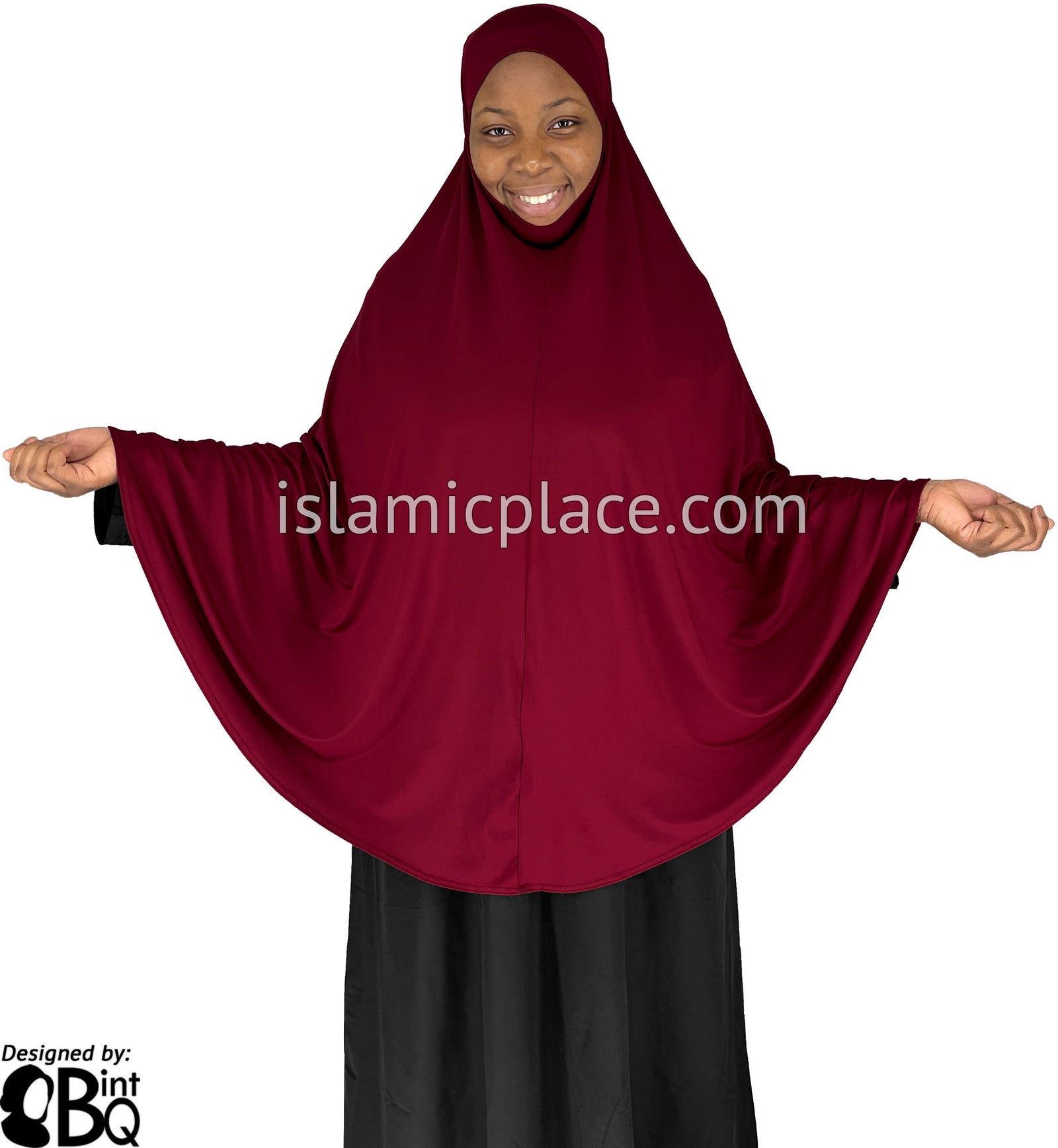 Burgundy - Plain Overhead Khimar - Extra Long Knee Length