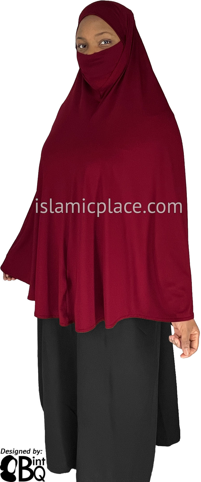 Burgundy - Plain Overhead Khimar - Extra Long Knee Length