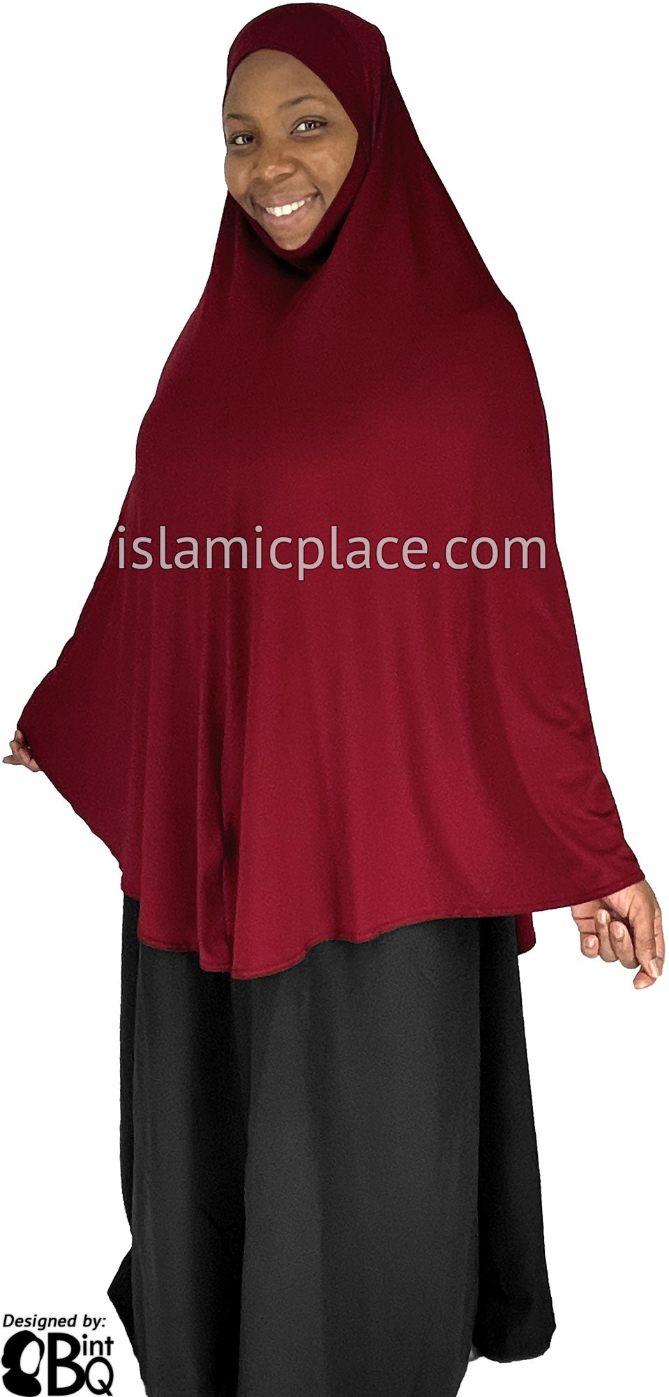 Burgundy - Plain Overhead Khimar - Extra Long Knee Length
