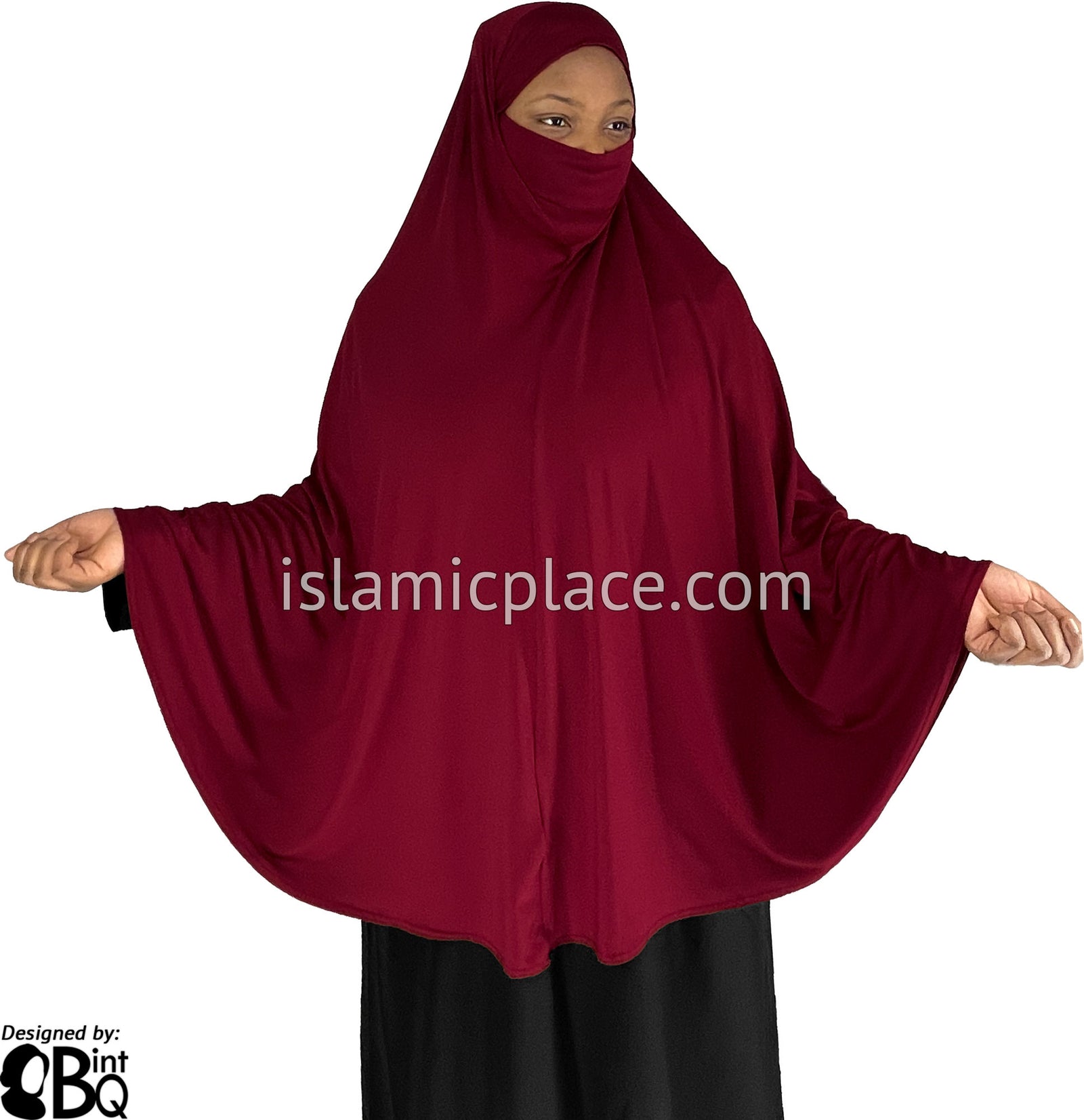 Burgundy - Plain Overhead Khimar - Extra Long Knee Length