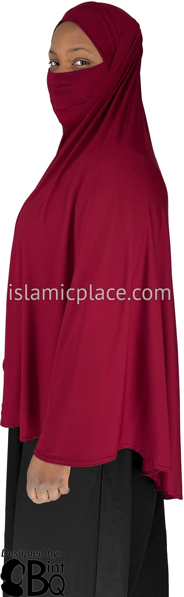 Burgundy - Plain Overhead Khimar - Extra Long Knee Length