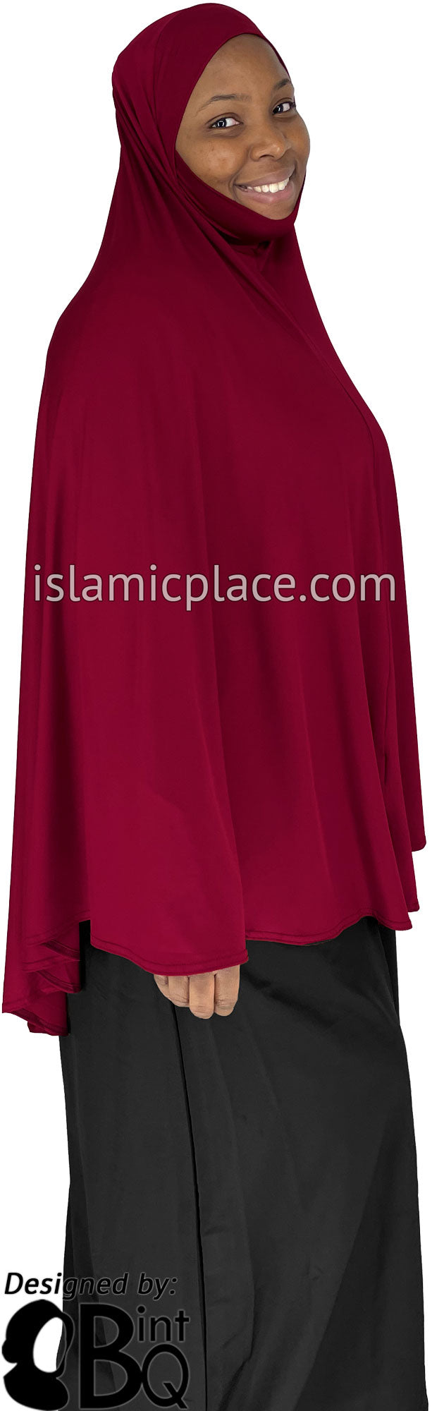 Burgundy - Plain Overhead Khimar - Extra Long Knee Length