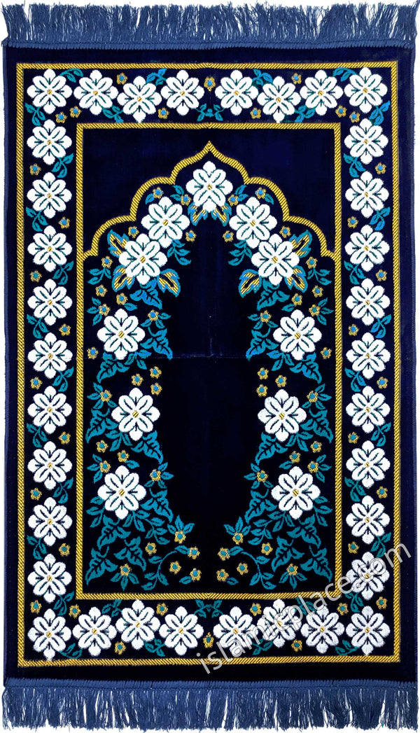 Navy Blue and Light Blue Prayer Rug with Floral Gateway Mihrab - The ...