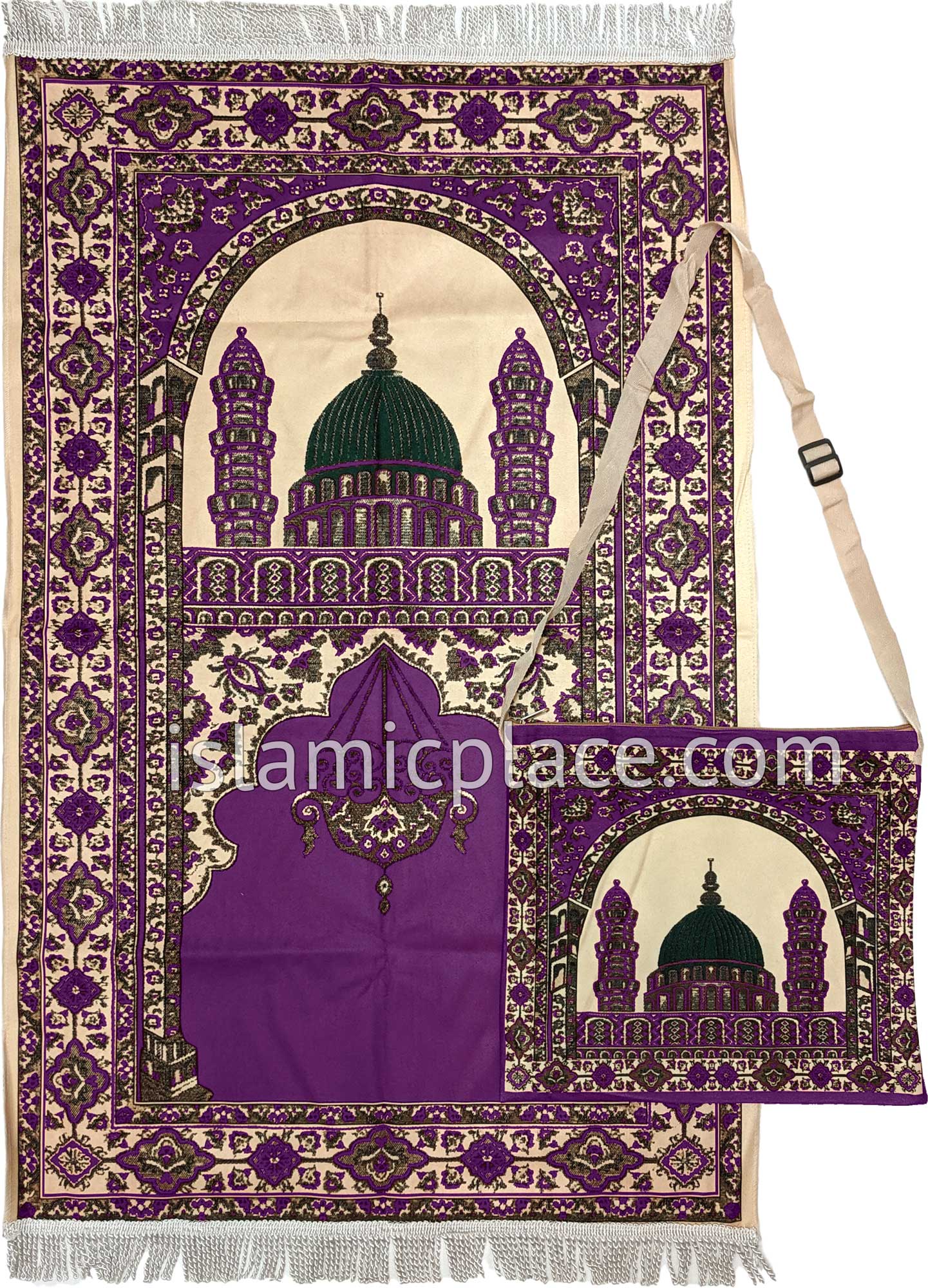 Purple - Traditional Masjid Design Prayer Rug with Matching Zipper Carrying Bag