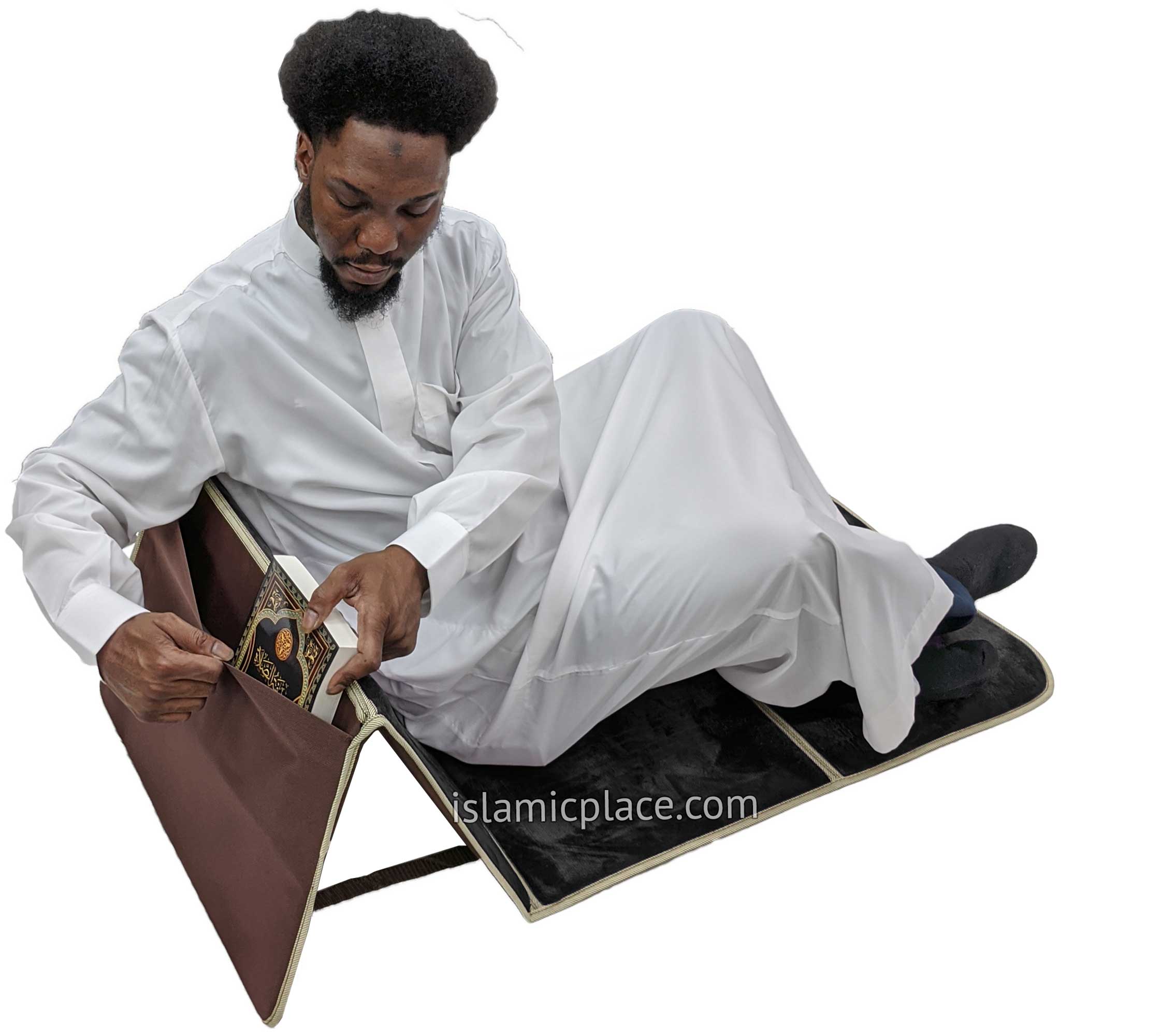 Black - Back Rest Soft Padded Prayer Rug - The Islamic Place