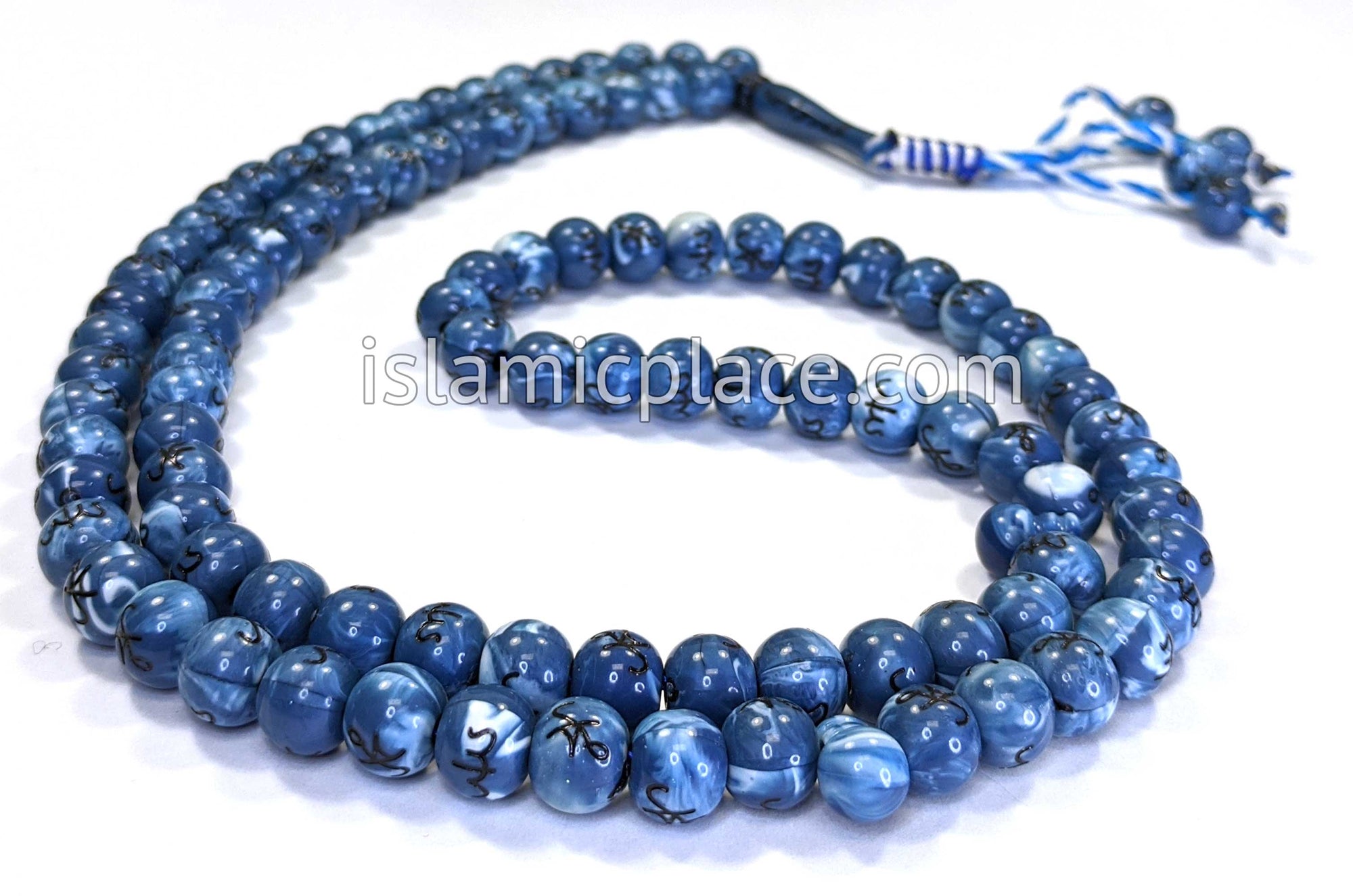 Marble Blue - Large Bead Tasbih Prayer Beads with Allah & Muhammad Script