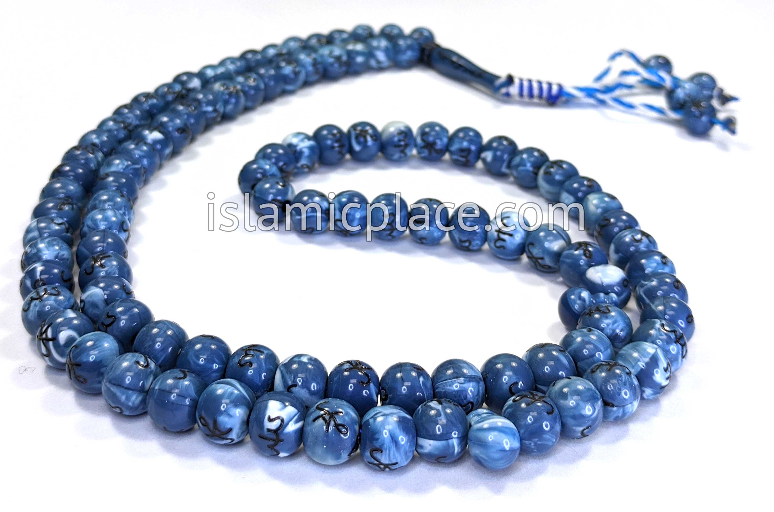 Marble Blue - Large Bead Tasbih Prayer Beads with Allah & Muhammad Scr -  The Islamic Place