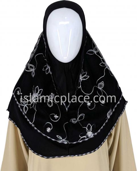 Black - Floral Sketch Hijab Al-Amira Teen to Adult (Large) - Design 9