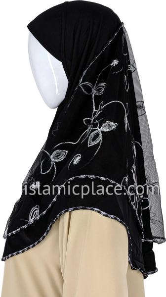 Black - Floral Sketch Hijab Al-Amira Teen to Adult (Large) - Design 9